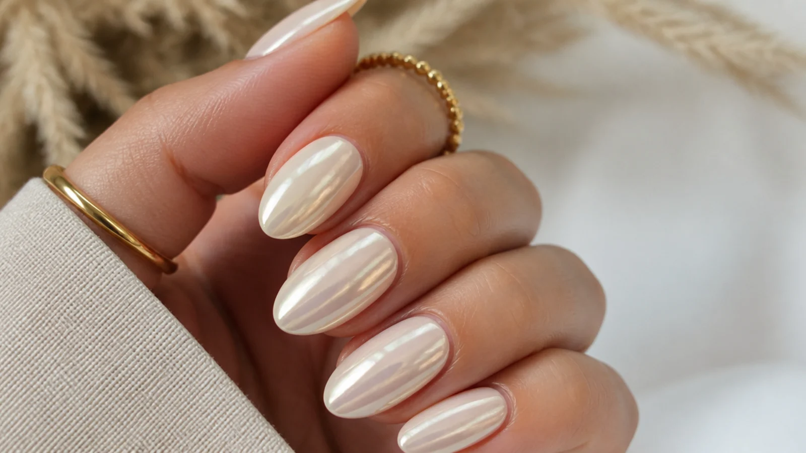Soft vanilla off white chrome nails with a warm creamy pearl glow