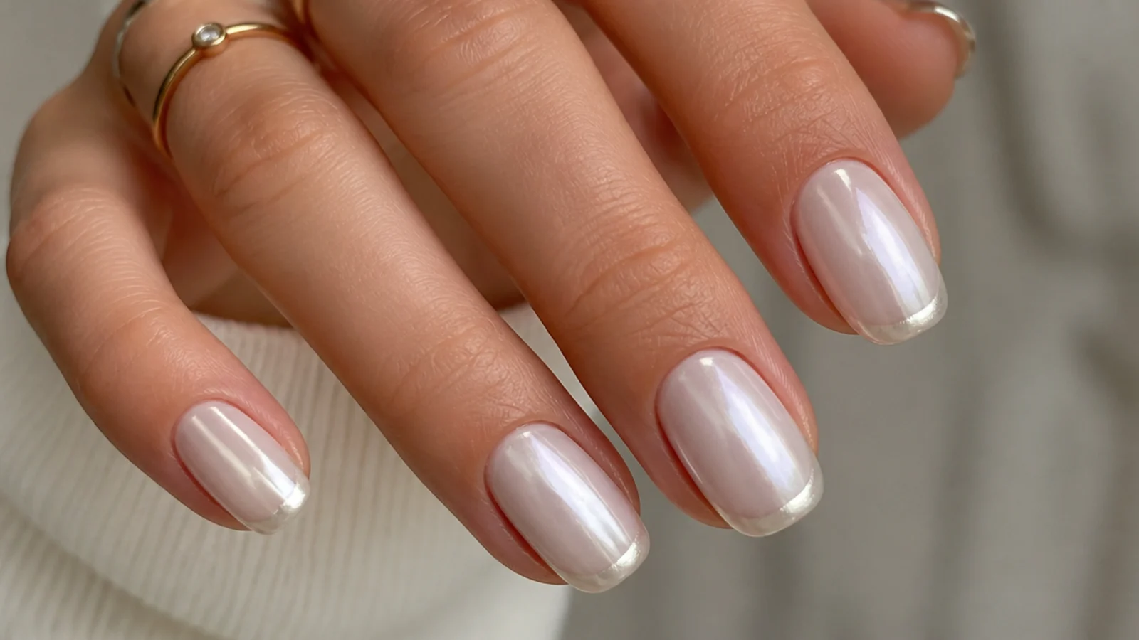Sheer off white chrome nails with a thin pearl chrome micro-French tip