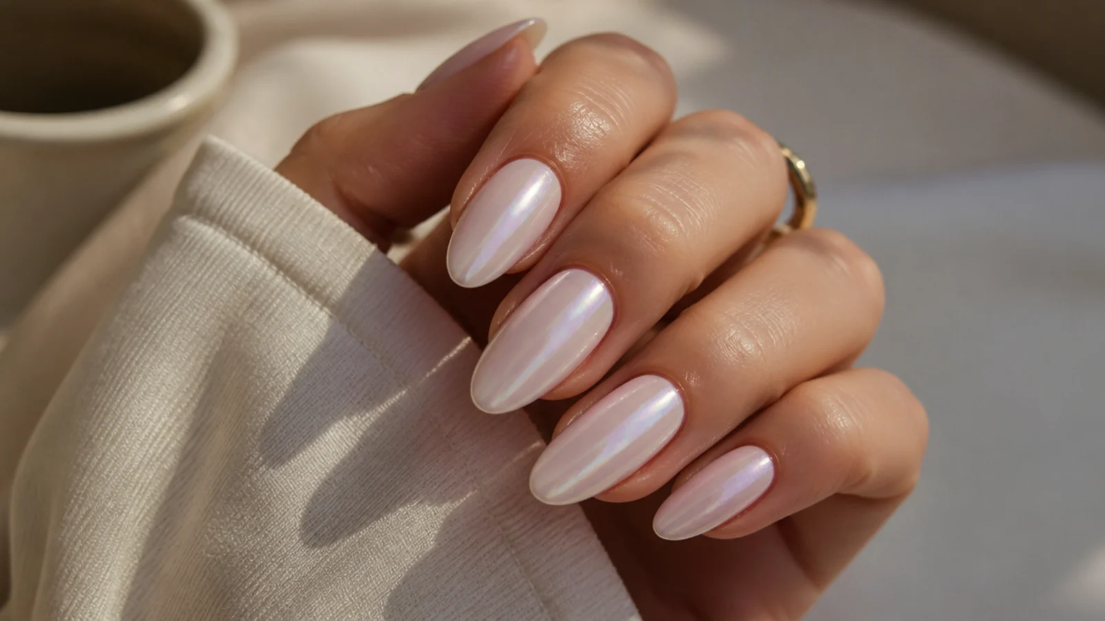 Off white chrome nails with a faint cool lavender pearl undertone