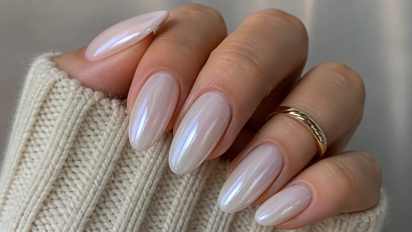 Soft off white chrome nails with a pearly glazed-donut glow on an almond shape