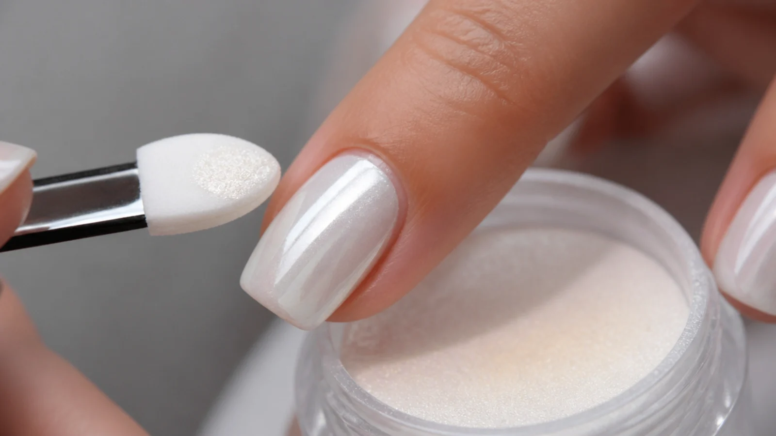 A nail being buffed with pearl chrome powder over a milky white gel base