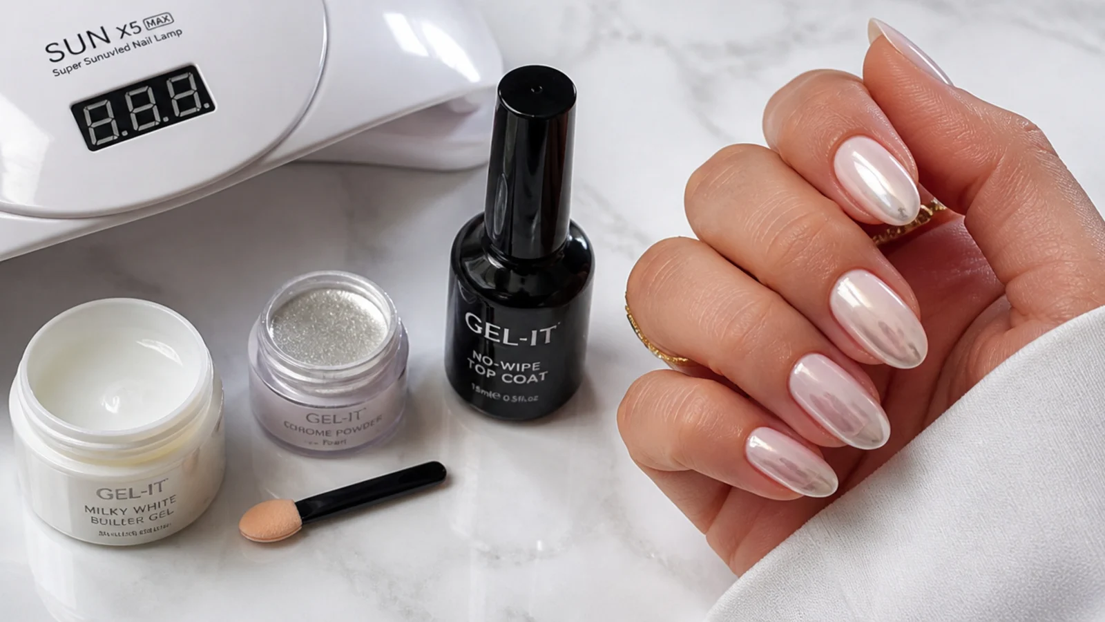 Flat lay of milky gel base, chrome powder, applicator, lamp and no-wipe top coat