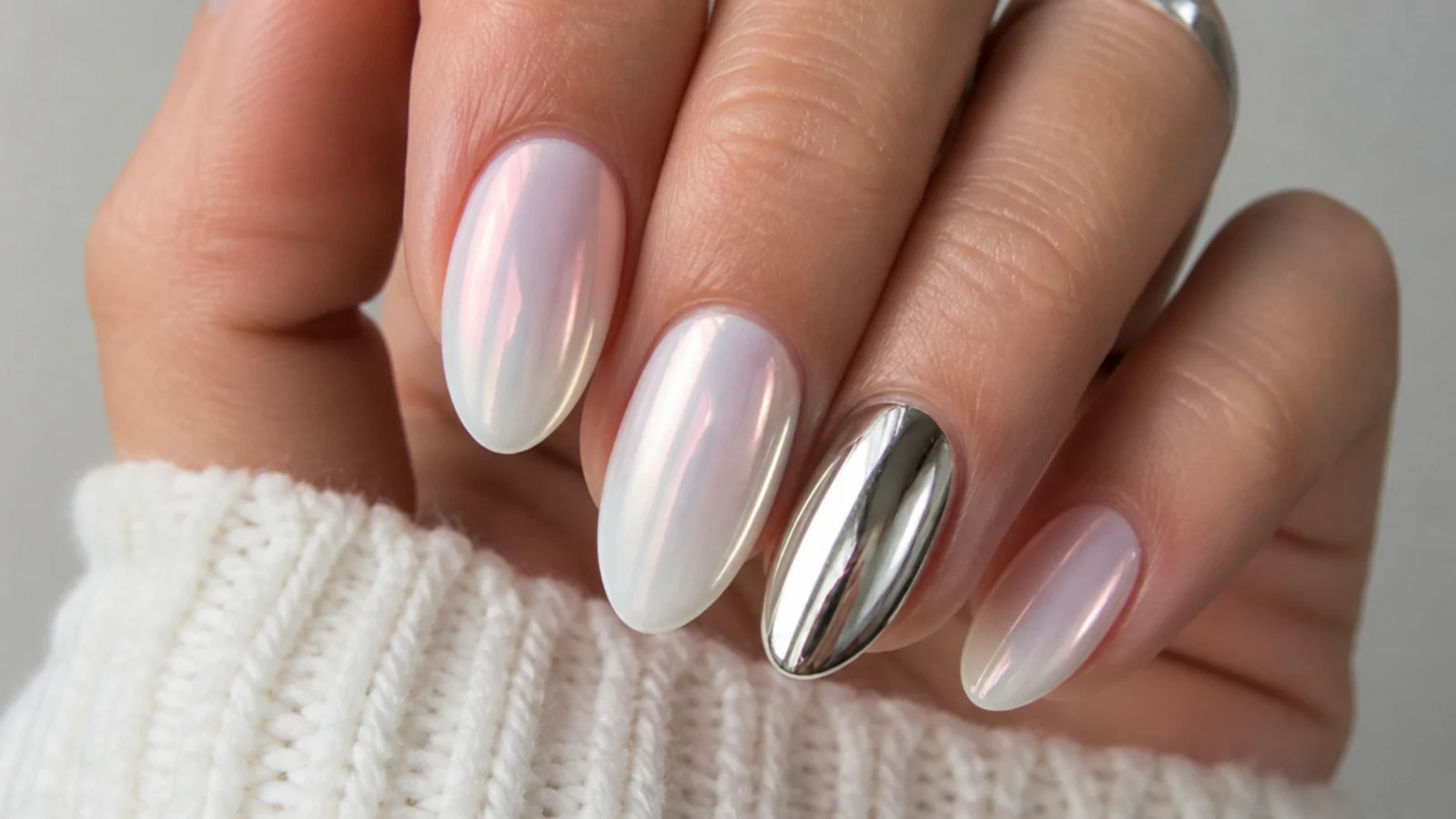 Soft milky white chrome nail beside a bright silver mirror chrome nail
