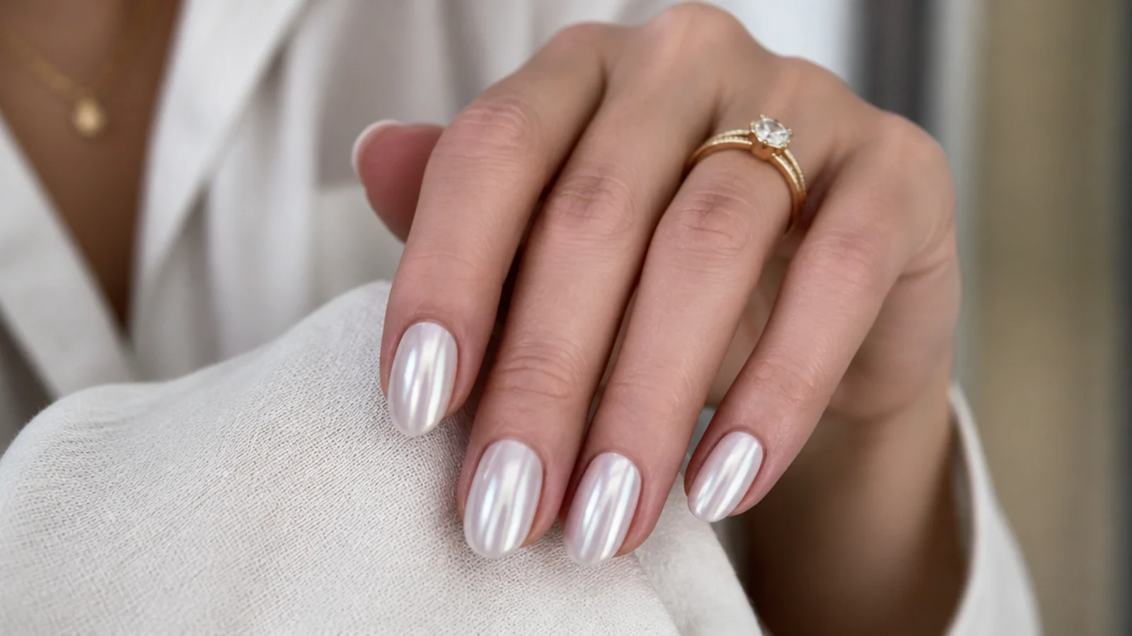 Soft milky white pearl chrome oval nails with a smooth sheen