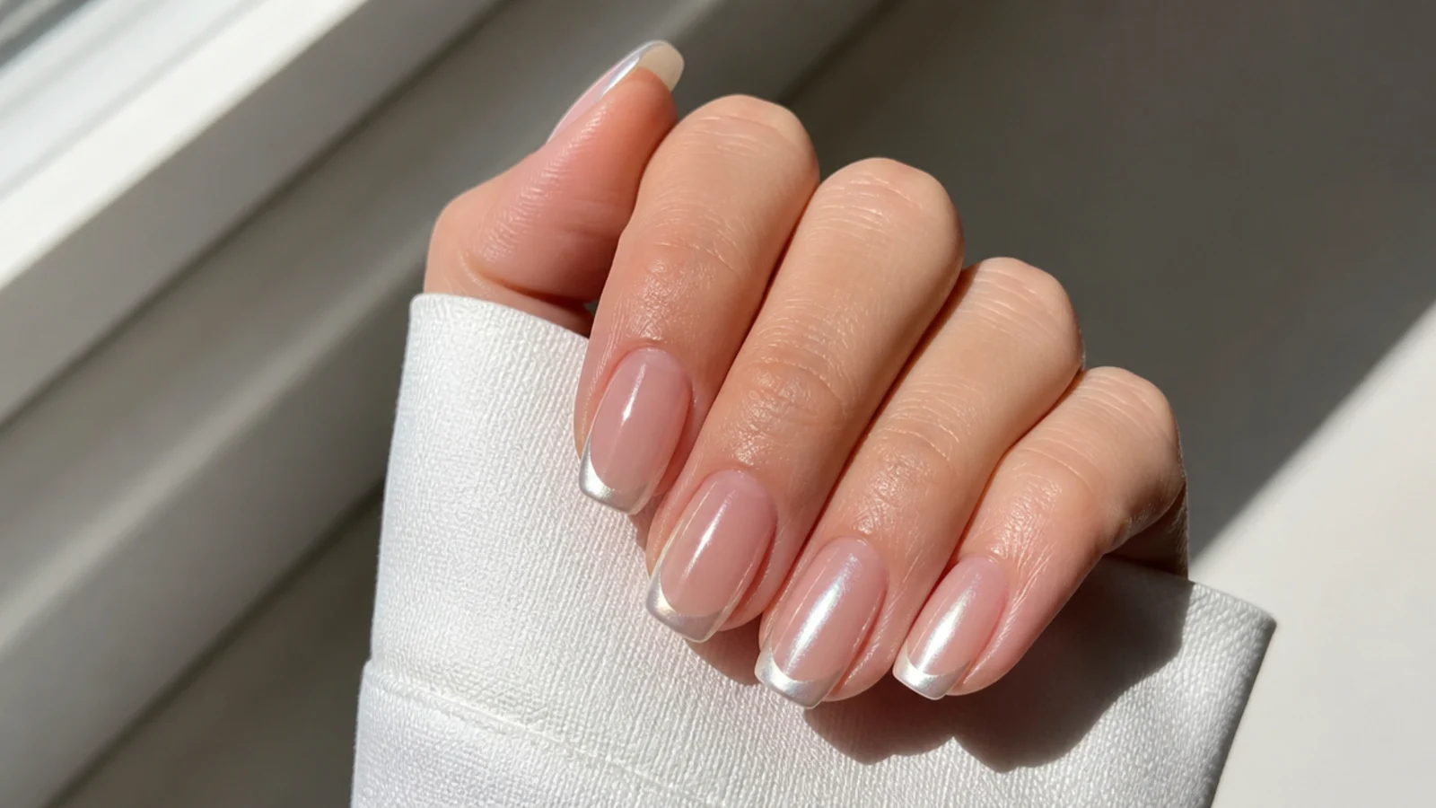 Sheer nude nails with pearl white chrome French tips and a glazed glow