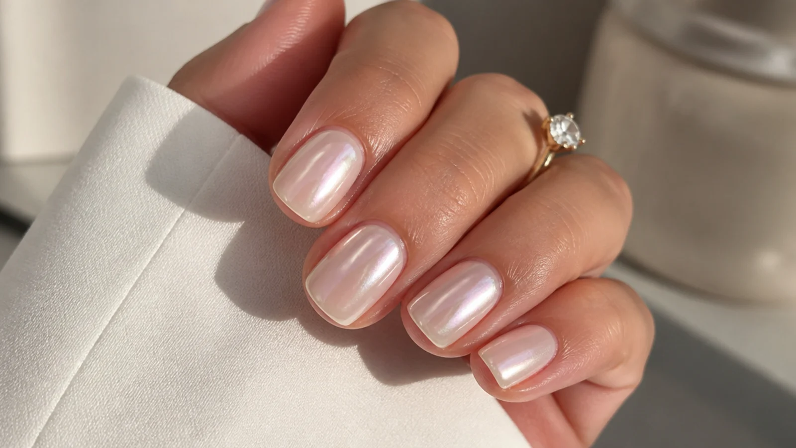 Short squoval pearl white chrome nails with a soft glazed sheen