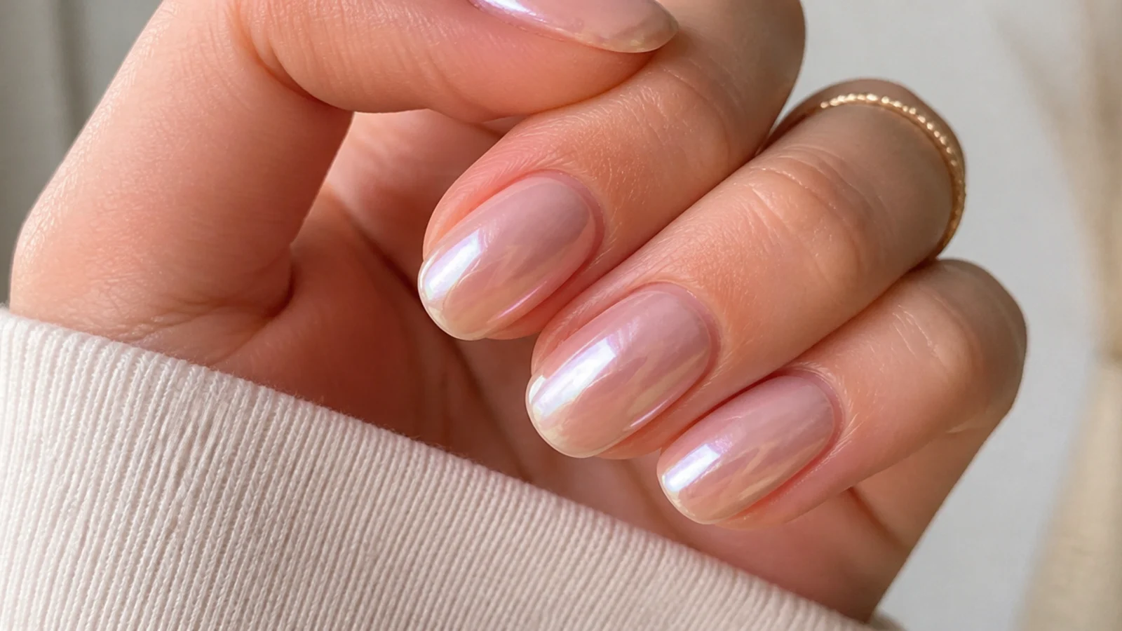 Barely-there sheer pearl chrome nails over natural nail beds