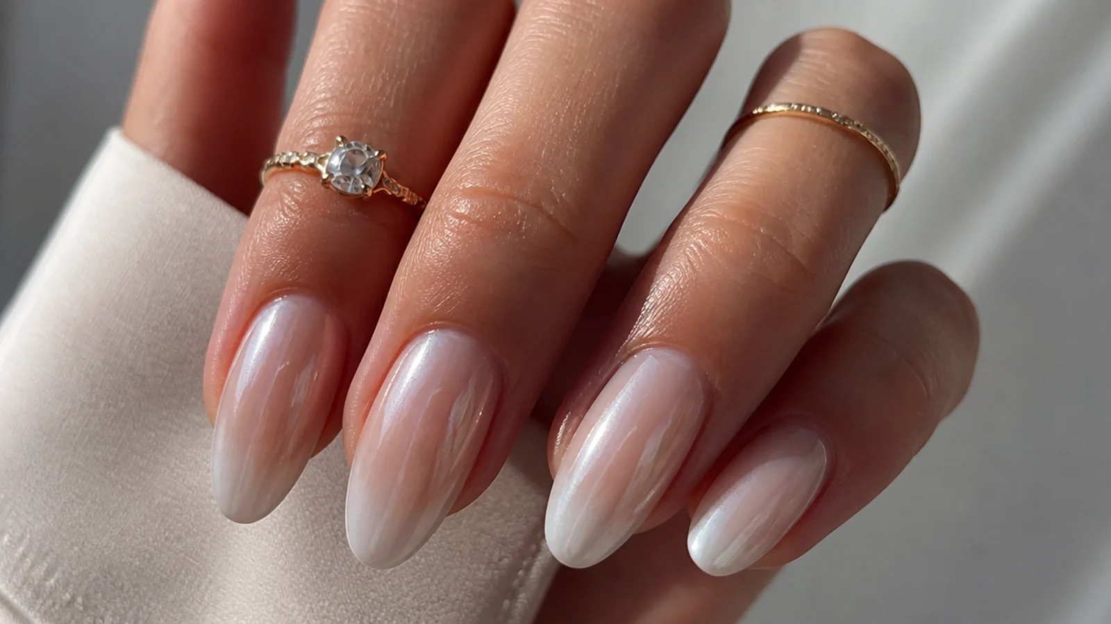 Pearl white chrome baby boomer nails fading nude to milky white tips