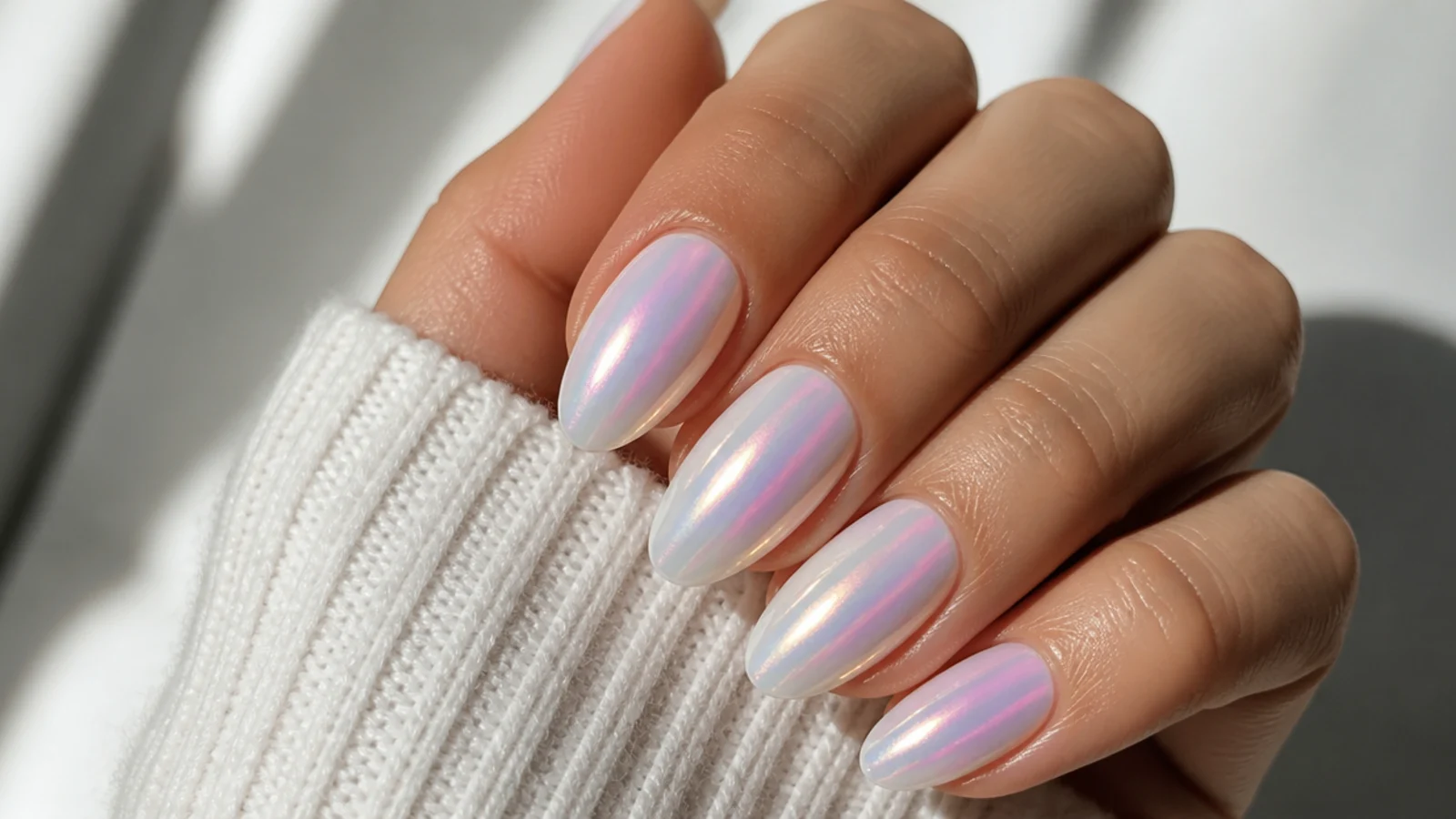 Milky white nails with aurora pearl chrome shifting pink and blue