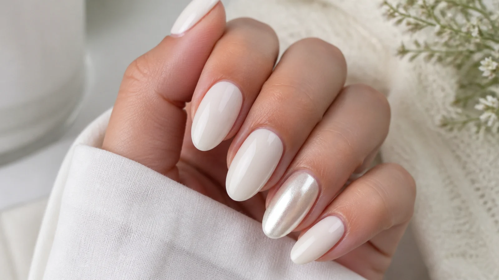 Milky white nails with one pearl chrome accent nail on the ring finger