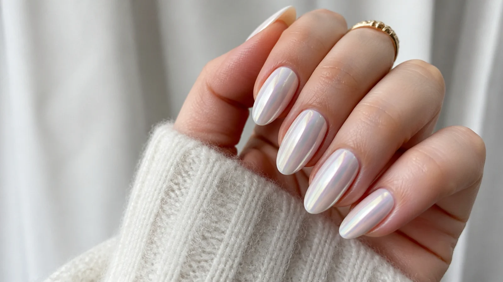 Milky white pearl chrome nails with a faint iridescent shimmer