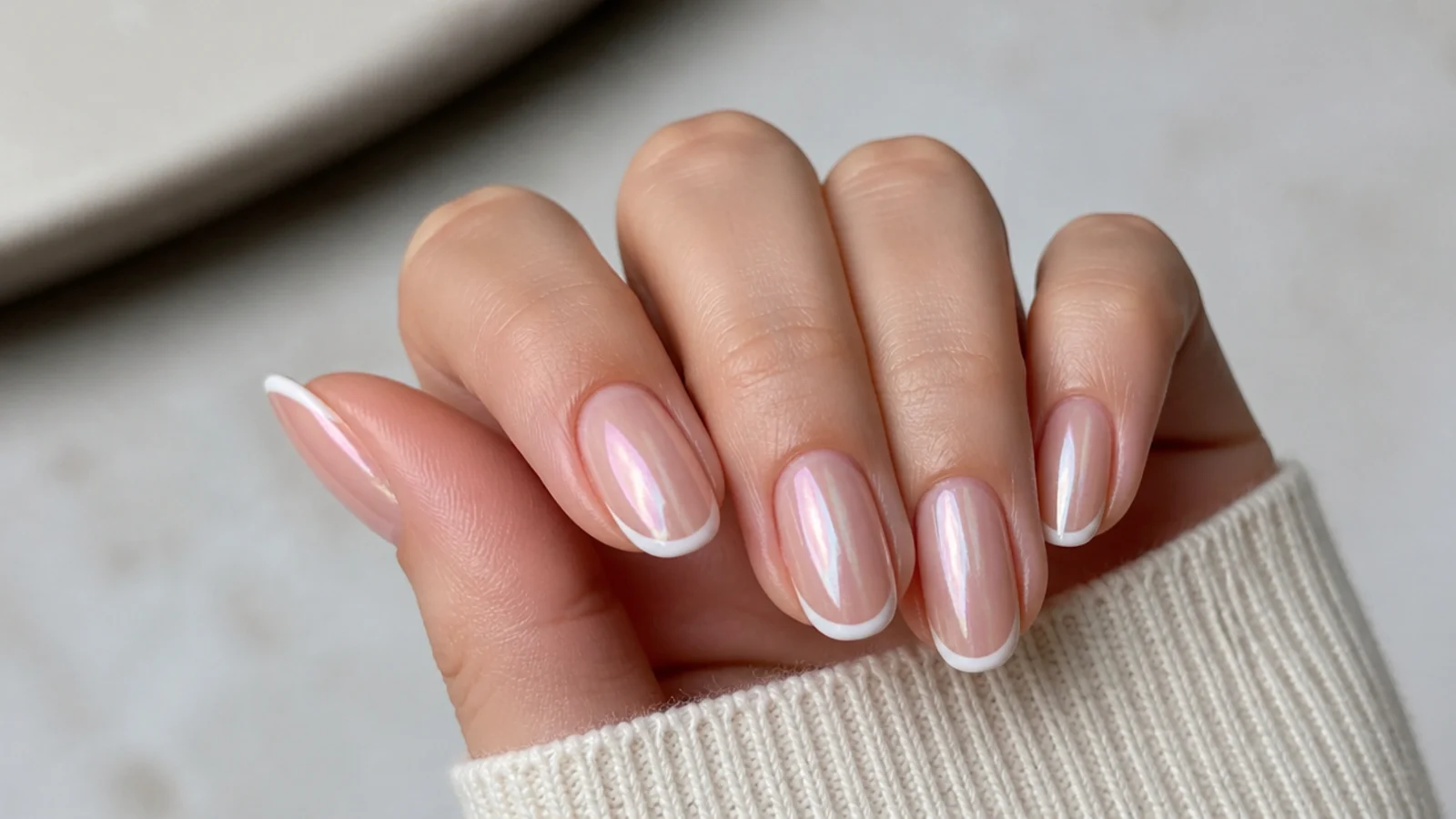 Sheer pearl chrome nails with a thin micro white French tip line