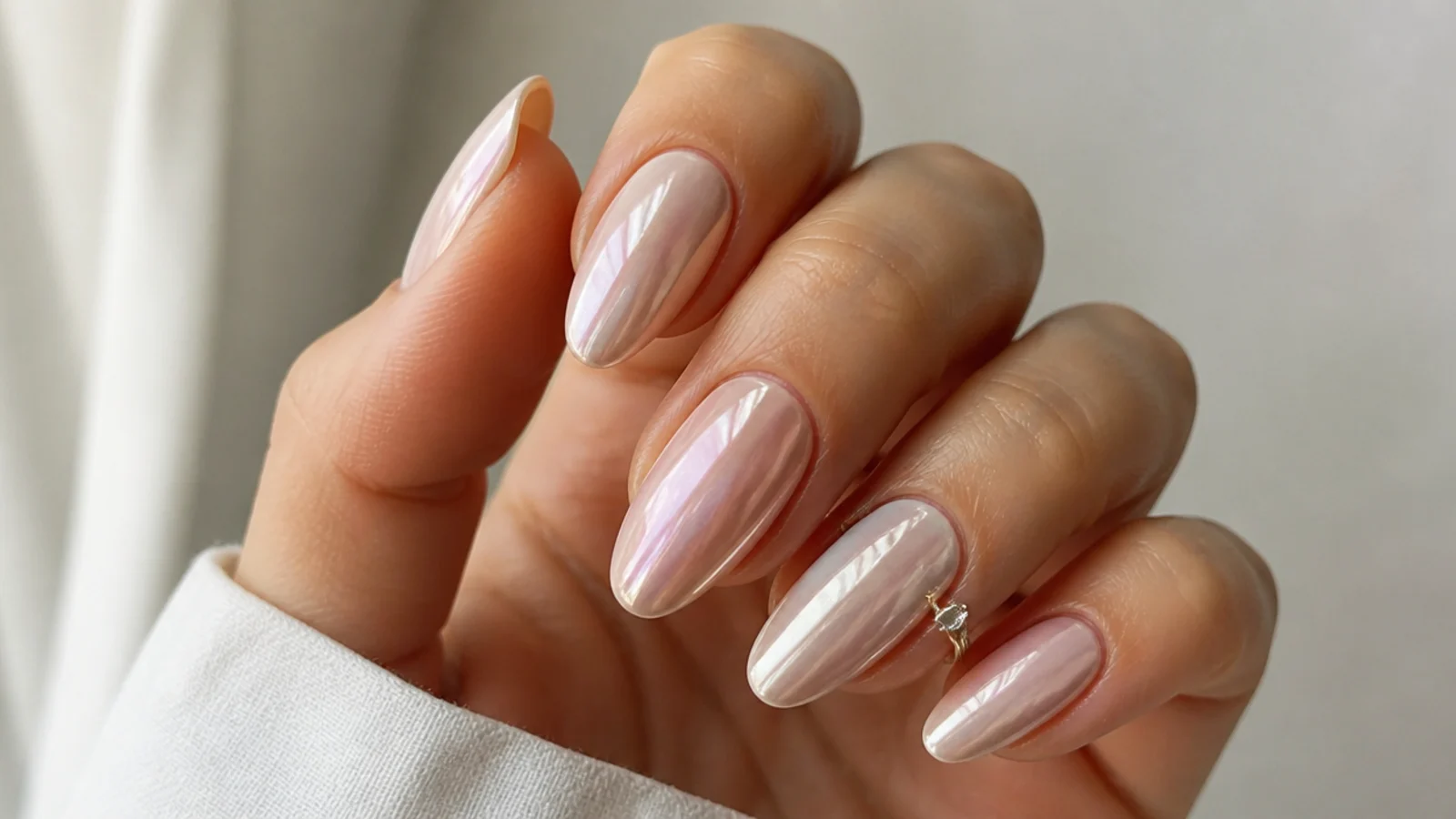Warm blush-tinted pearl white chrome nails with a glazed glow