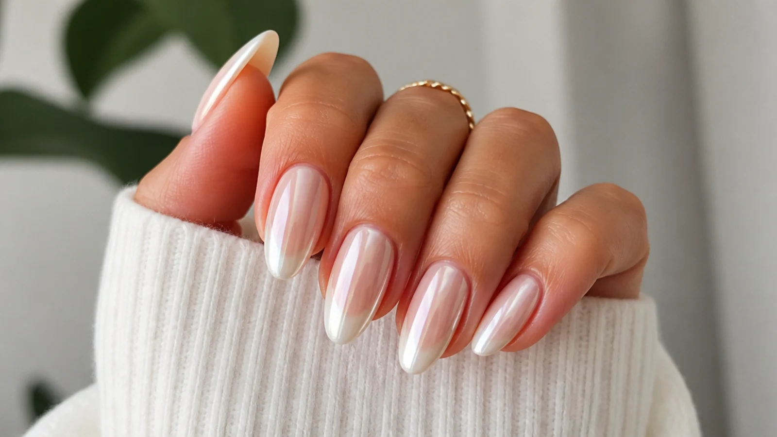 Nude pearl chrome nails fading into brighter white glazed tips