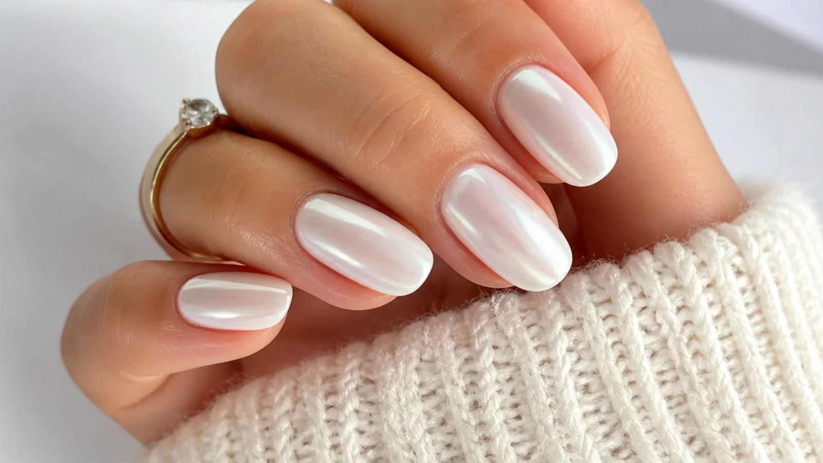 Short almond pearl white chrome nails with a soft glazed sheen