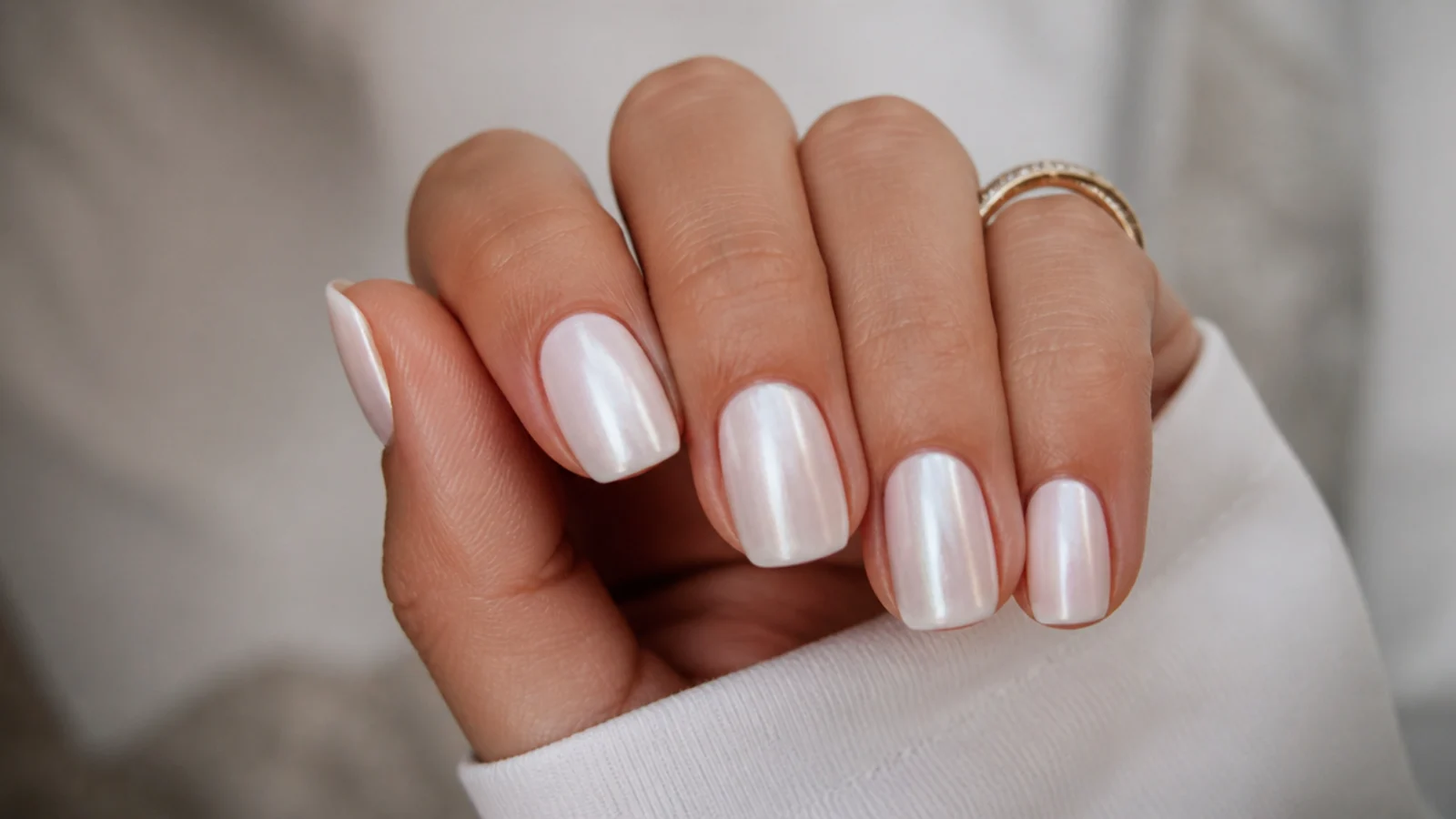Short squoval pearl chrome nails in a soft everyday milky white