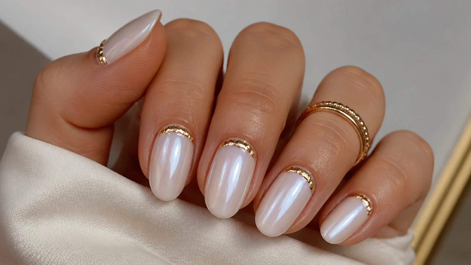 Milky pearl chrome nails with a thin gold foil band at the cuticle