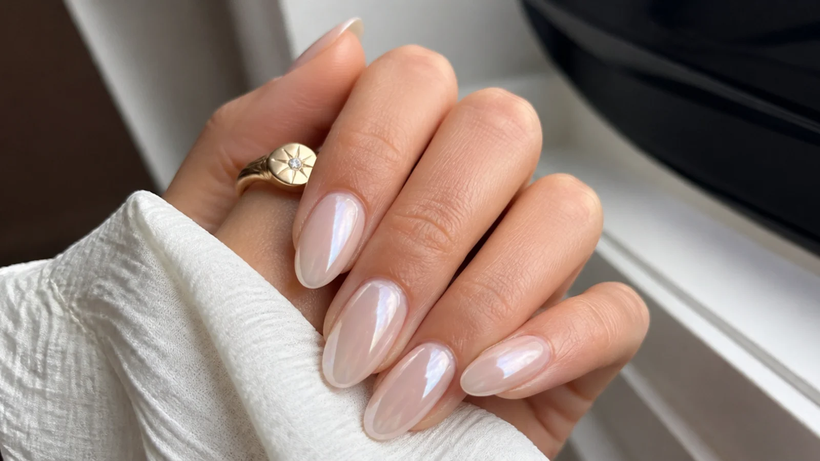 Sheer milky pearl chrome nails with the signature glazed-donut glow