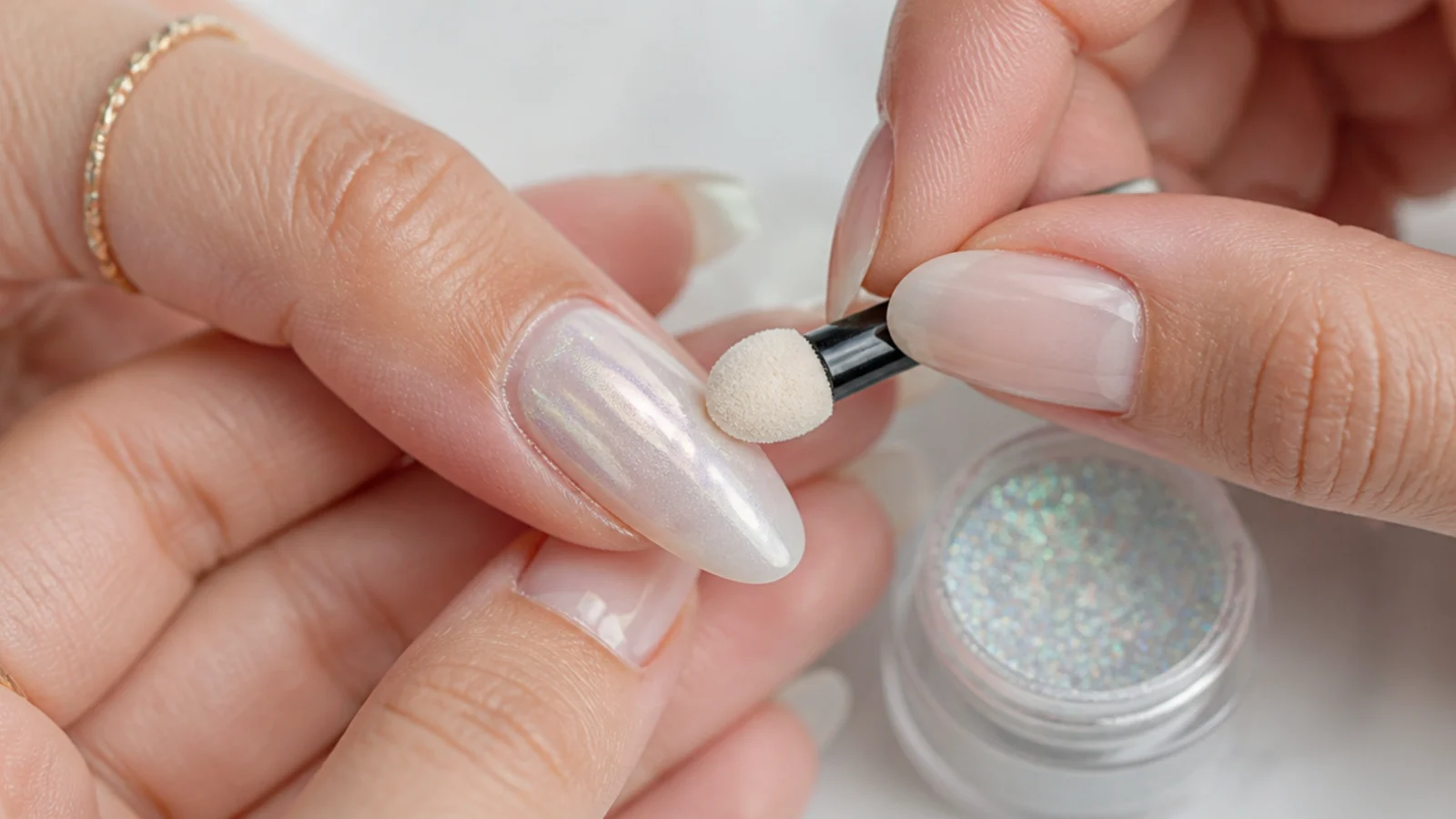 Chrome powder being rubbed over a milky white gel nail to a glassy sheen