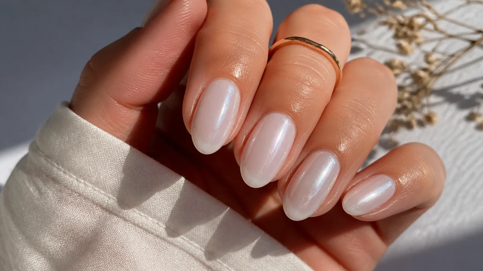 A well-sealed glassy pearl chrome manicure with cuticle oil for longevity
