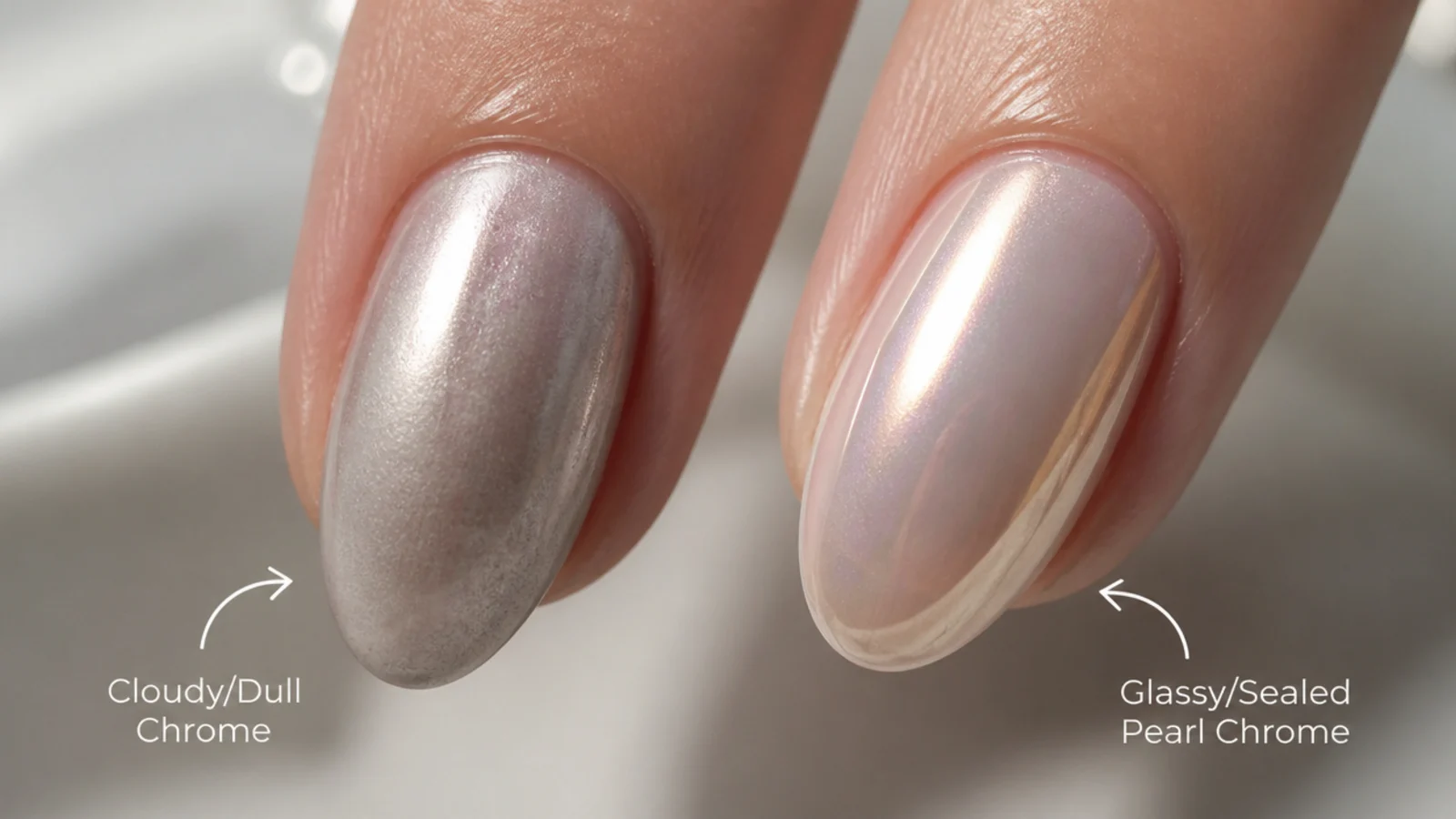 A dull cloudy chrome nail beside a glassy well-sealed pearl chrome nail