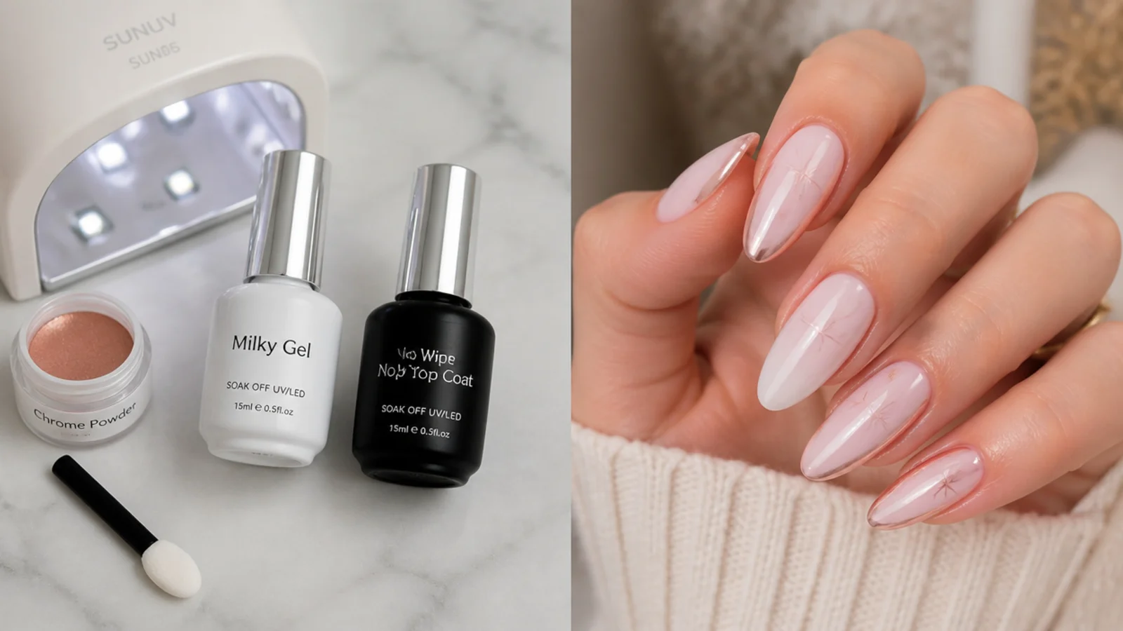 Flat lay of milky gel, chrome powder, applicator, lamp and no-wipe top coat
