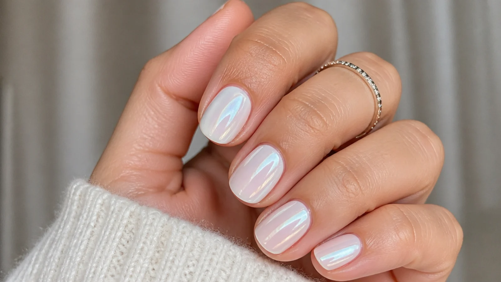 Short white chrome nails with a glassy glazed-donut pearl glow on round nails