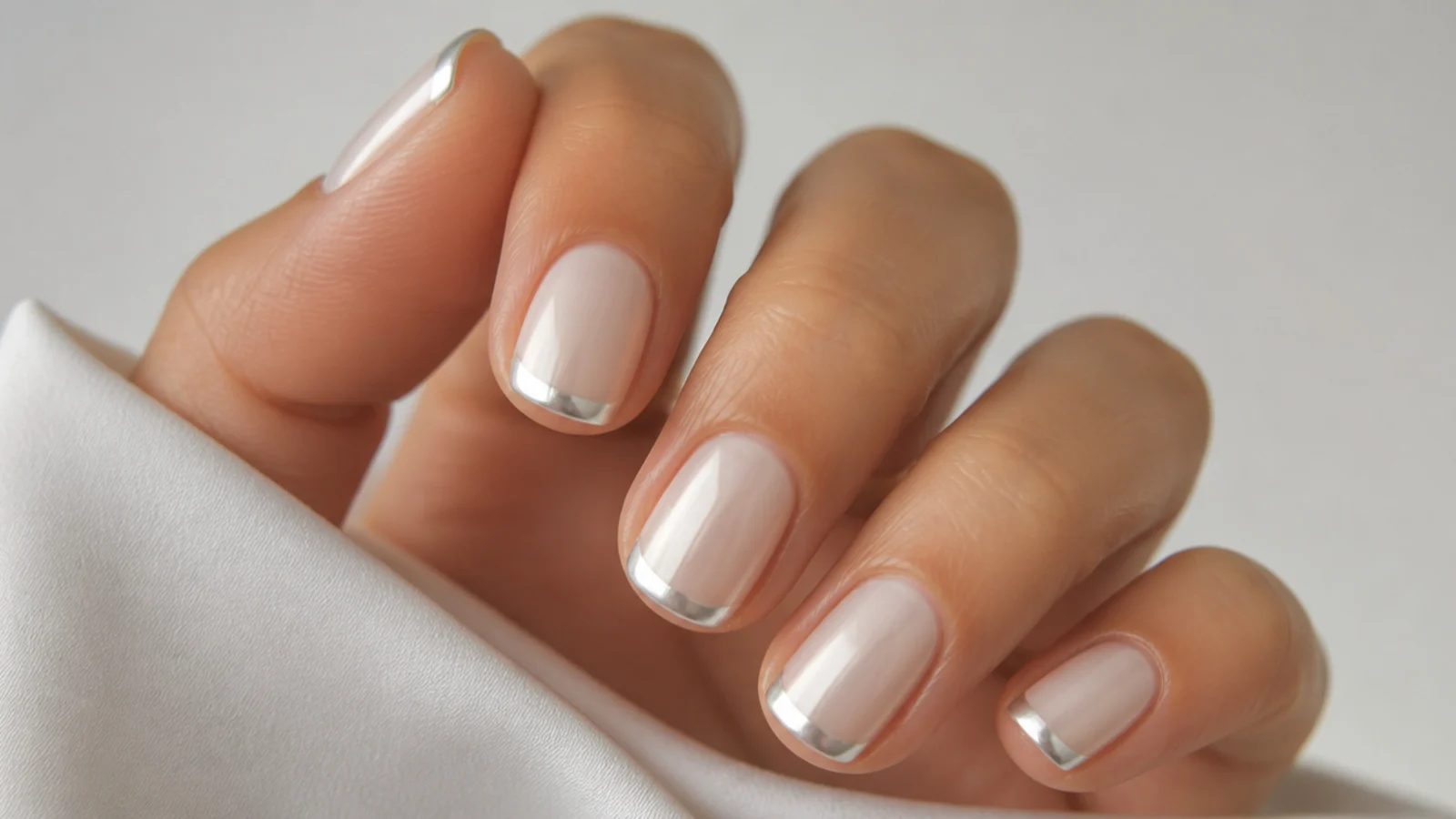 Short white chrome French tip nails with a milky pearl body