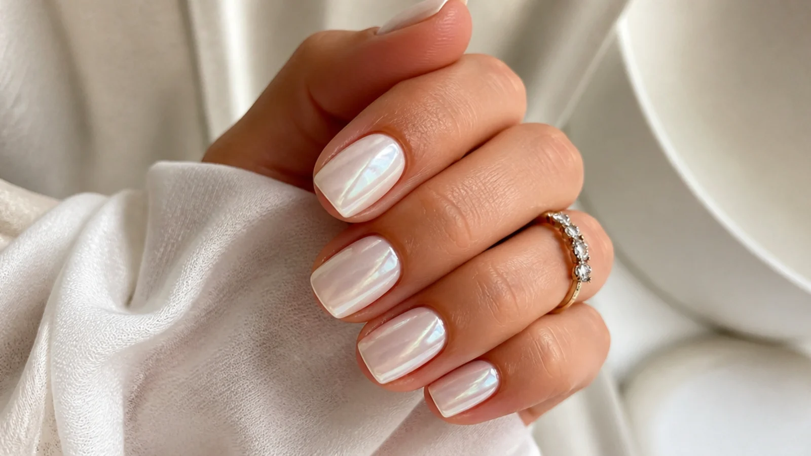 Short bridal white chrome nails with a soft pearl sheen on squoval shape