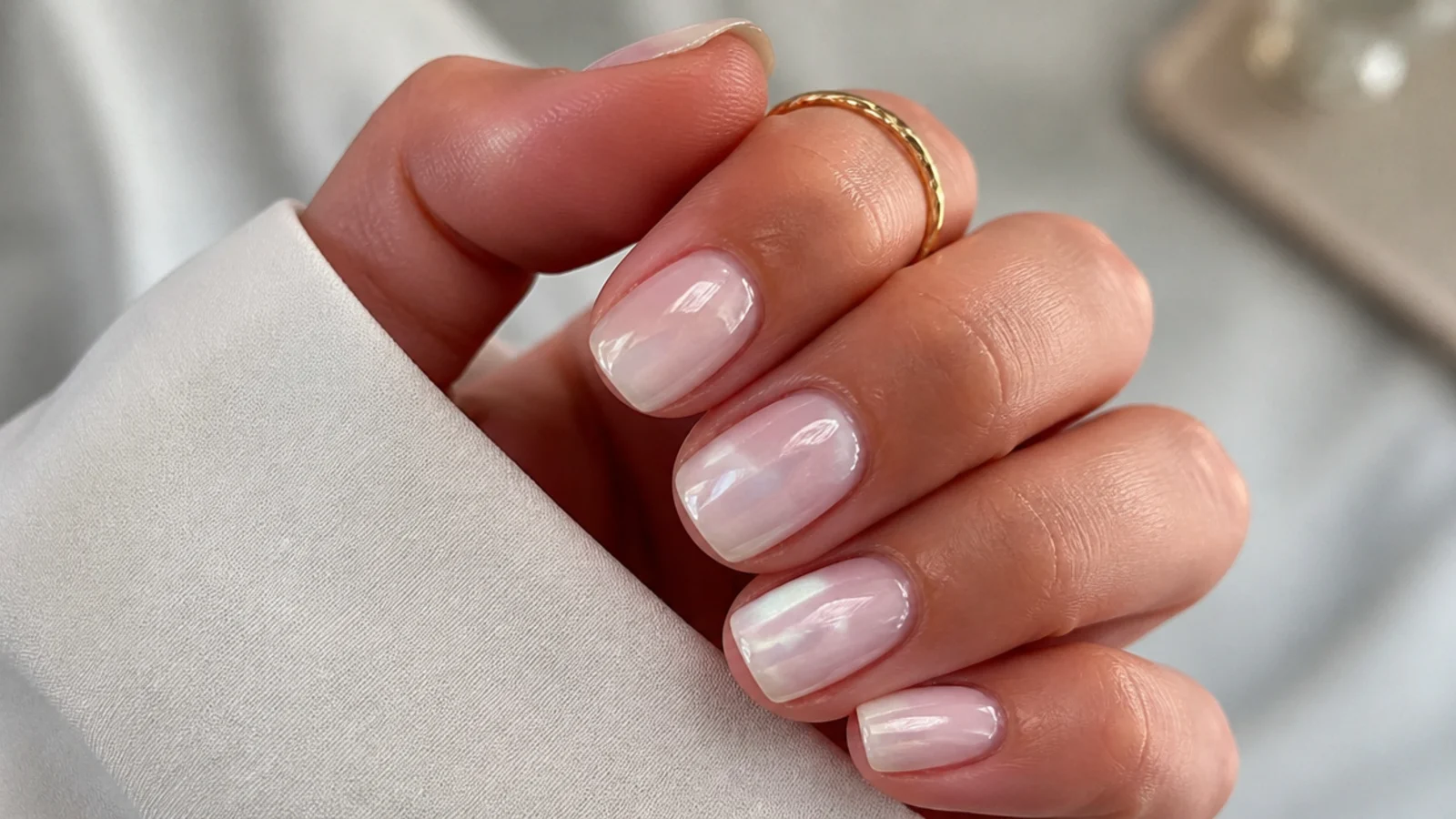 Short sheer milky white chrome nails showing natural nail through the glow