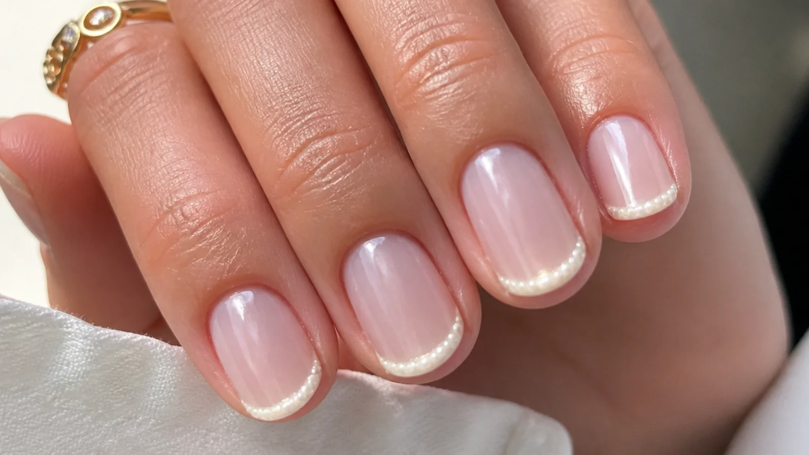Short white chrome micro French tips with a thin pearl line
