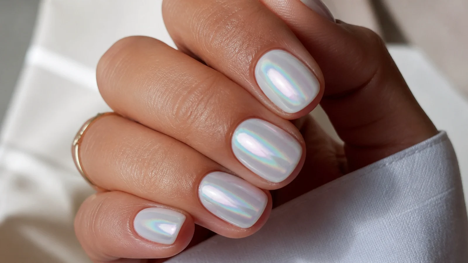 Short white chrome nails with iridescent aurora color shift