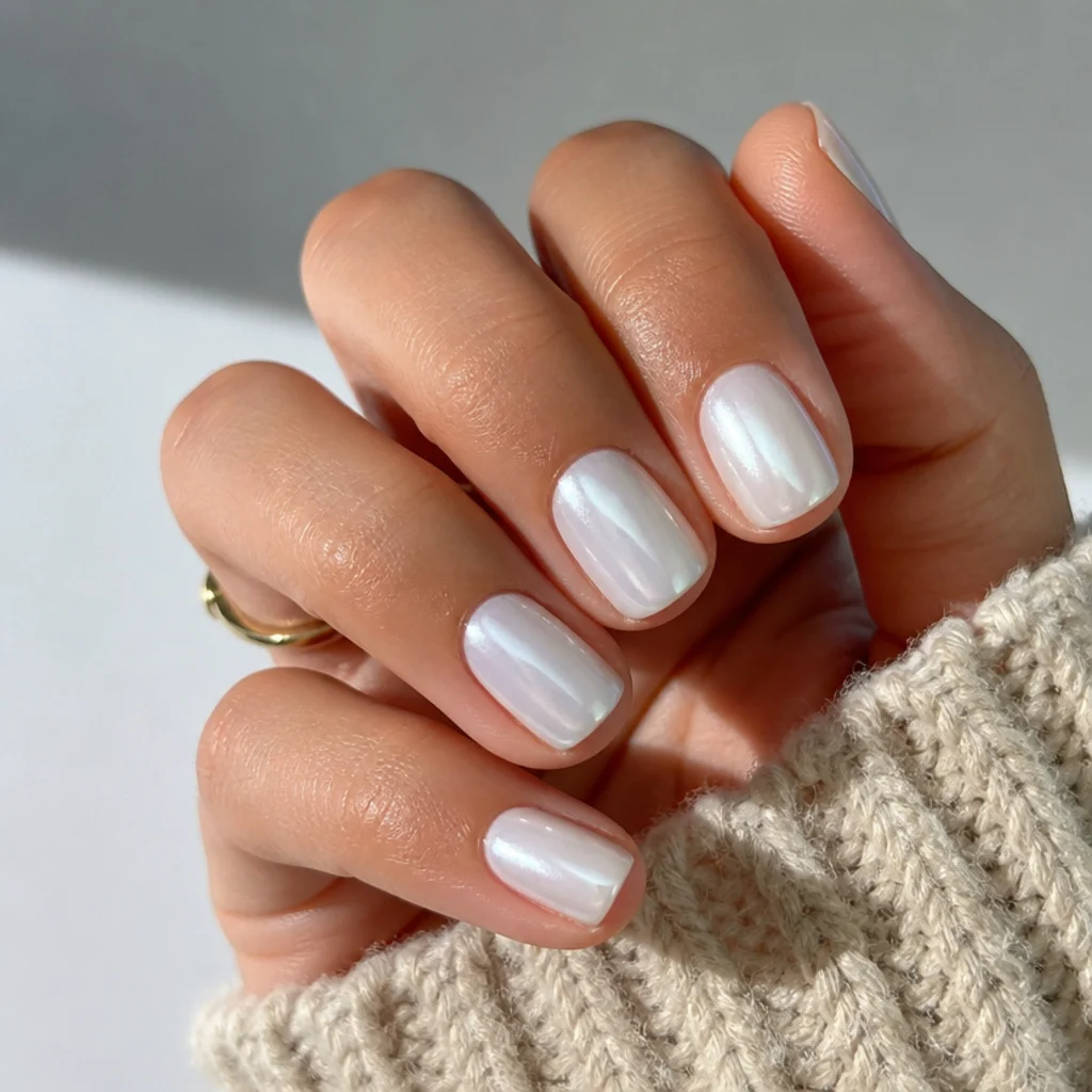 Short square white chrome nails with an even pearl finish