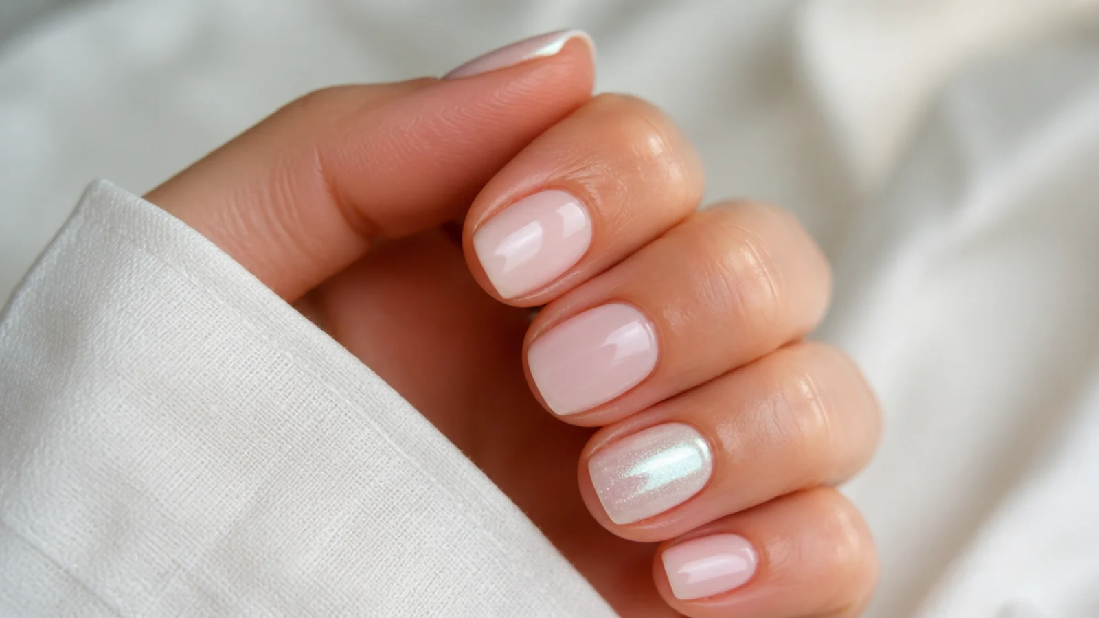 Short milky nails with one white chrome pearl accent nail