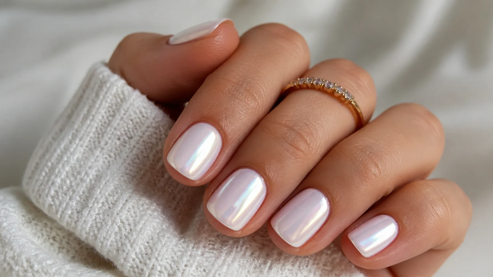 Short white chrome nails with a soft opal milk finish