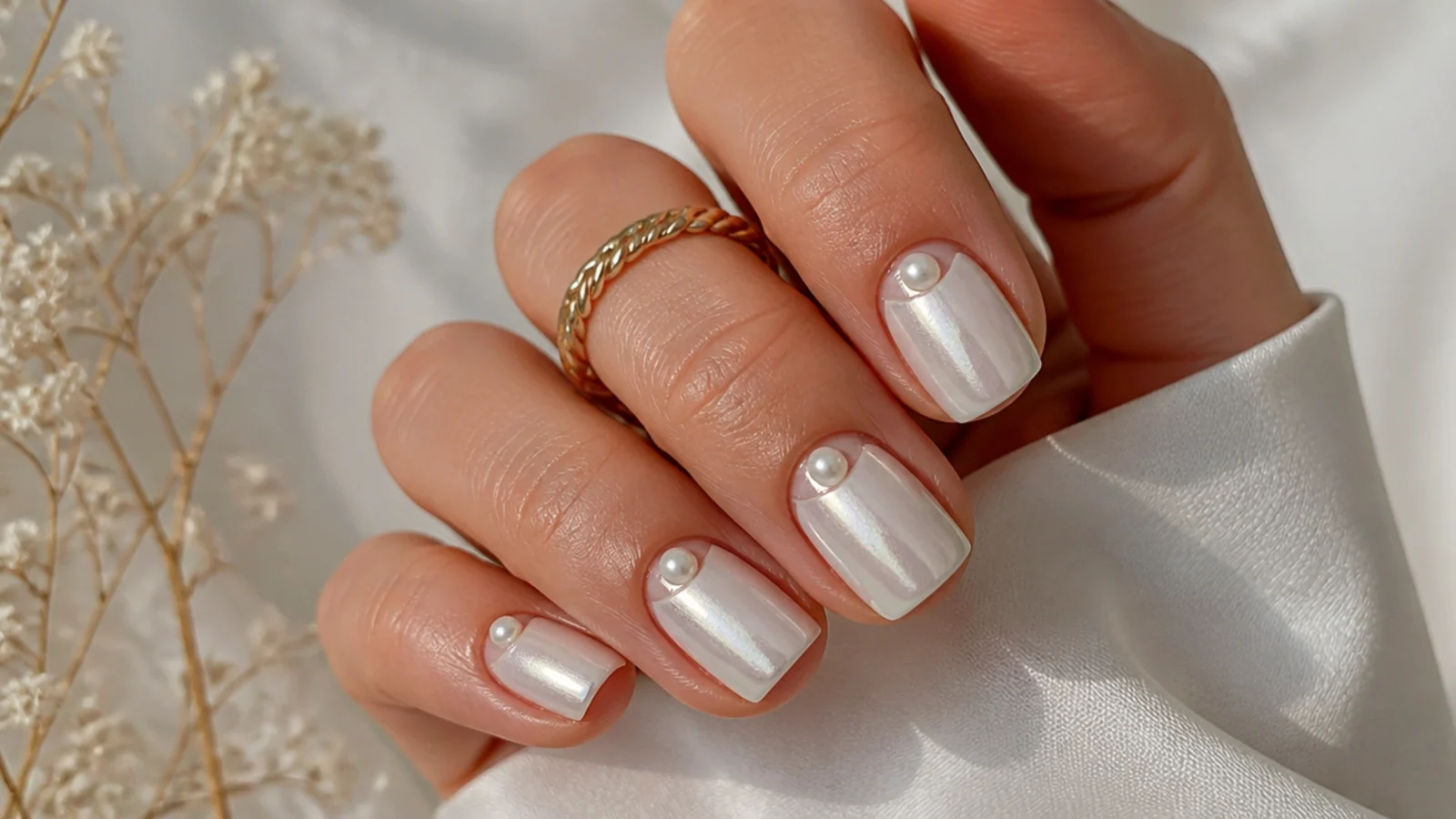 Short white chrome nails with a pearl half-moon at the base