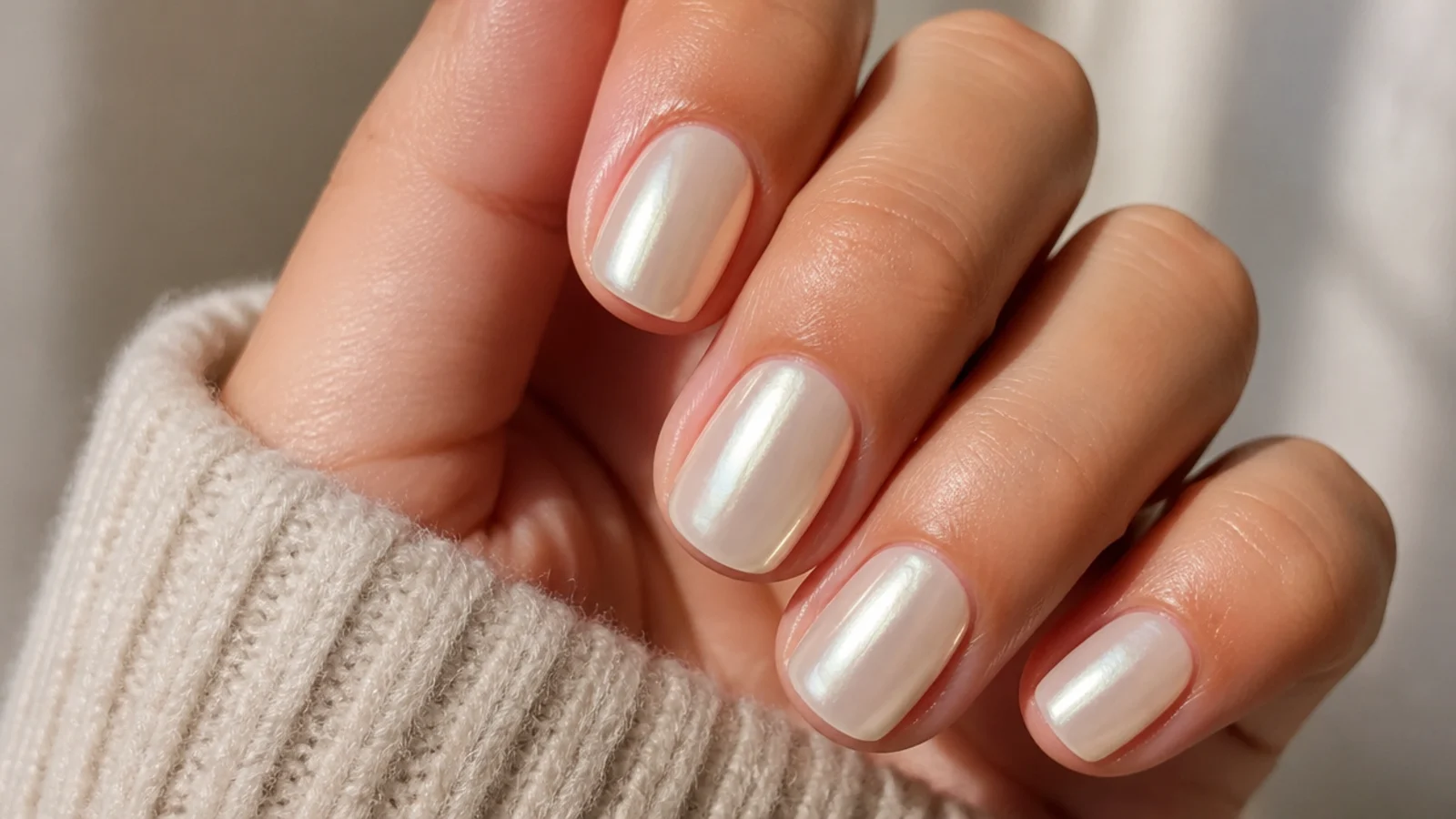 Short white chrome nails with a warm champagne pearl tone