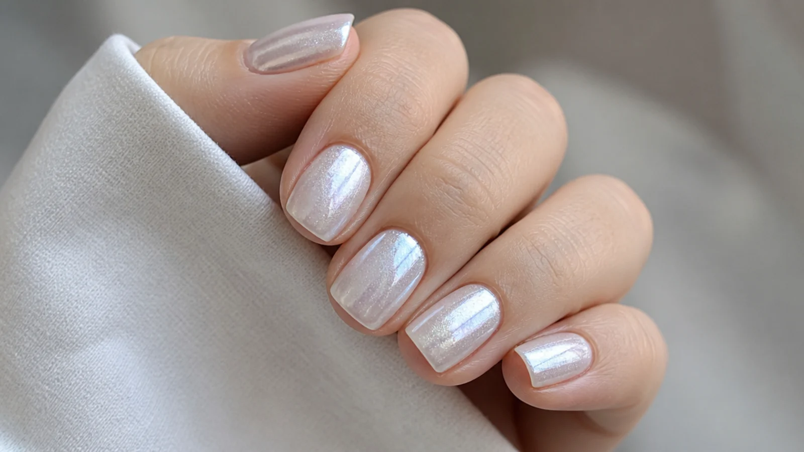 Short cool-toned white chrome nails with a frosted icy glow