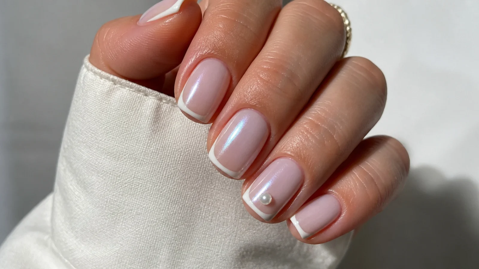 Short white chrome French nails with a tiny pearl bead accent