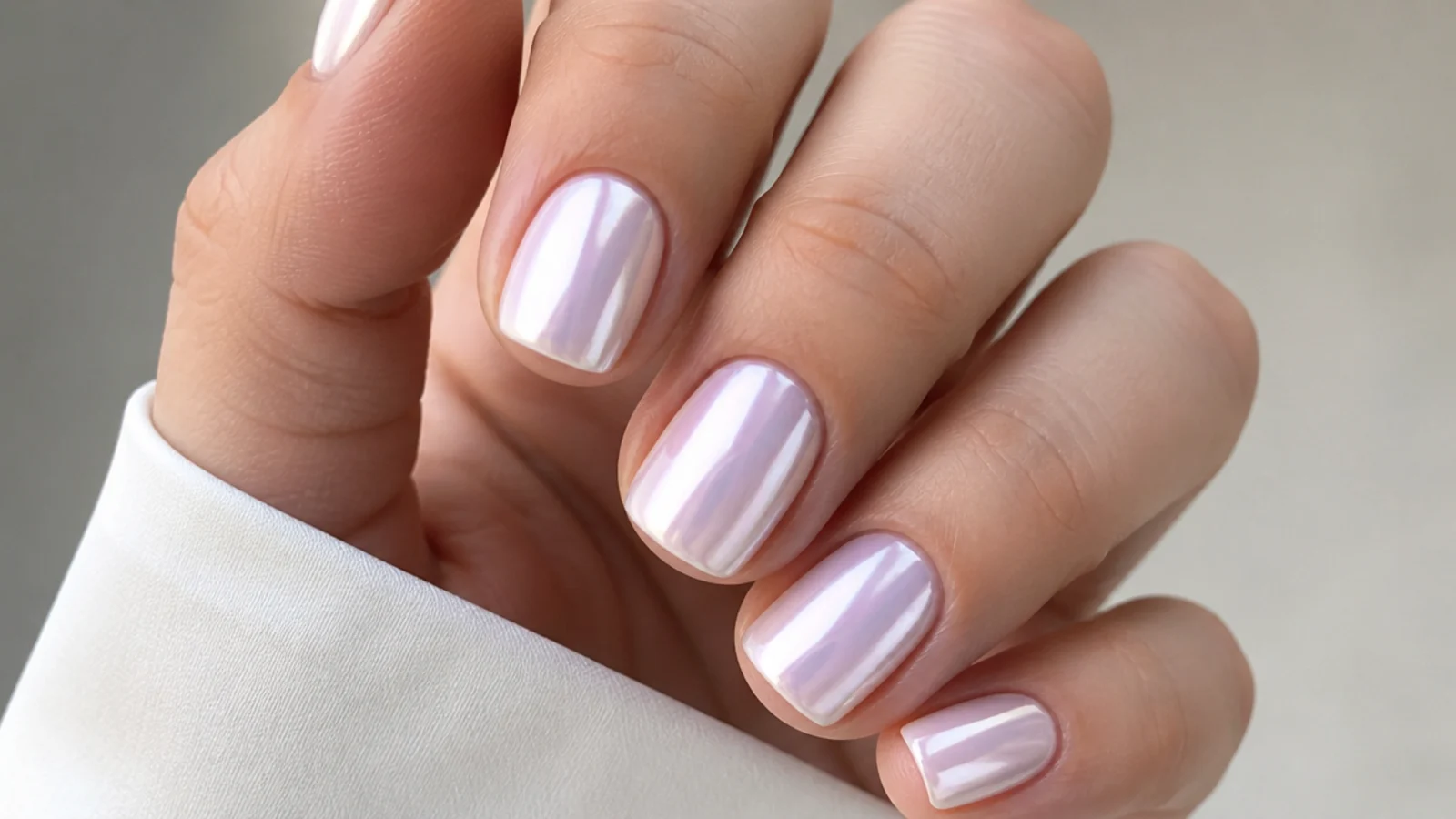 Short white chrome nails with a soft lavender pearl tint