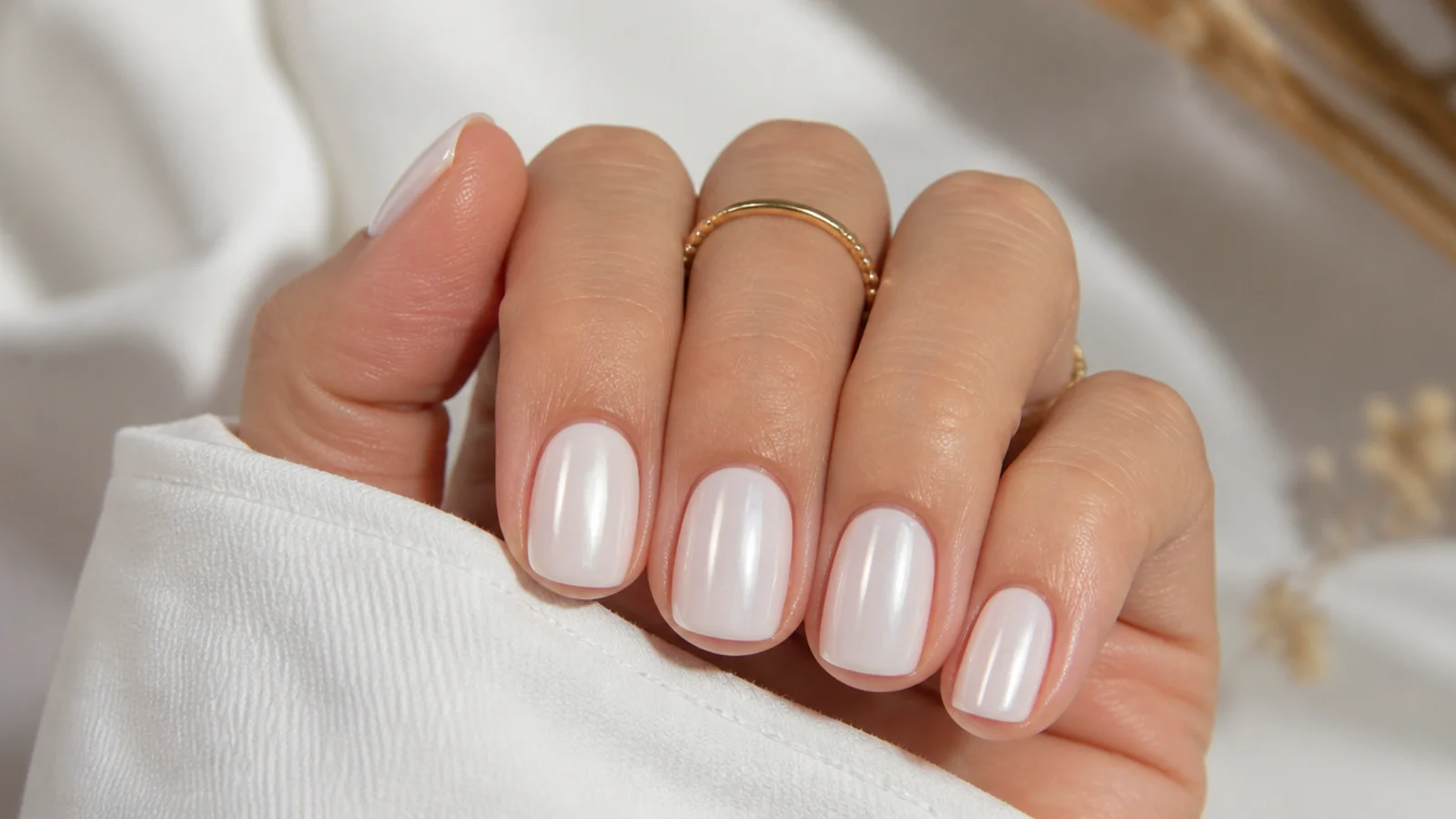 Short white chrome nails buffed to a high glassy shine