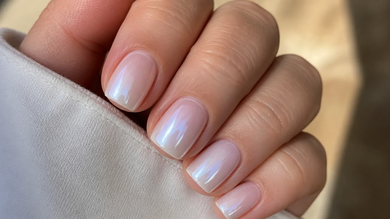 Short white chrome nails fading from milky base to pearl tip