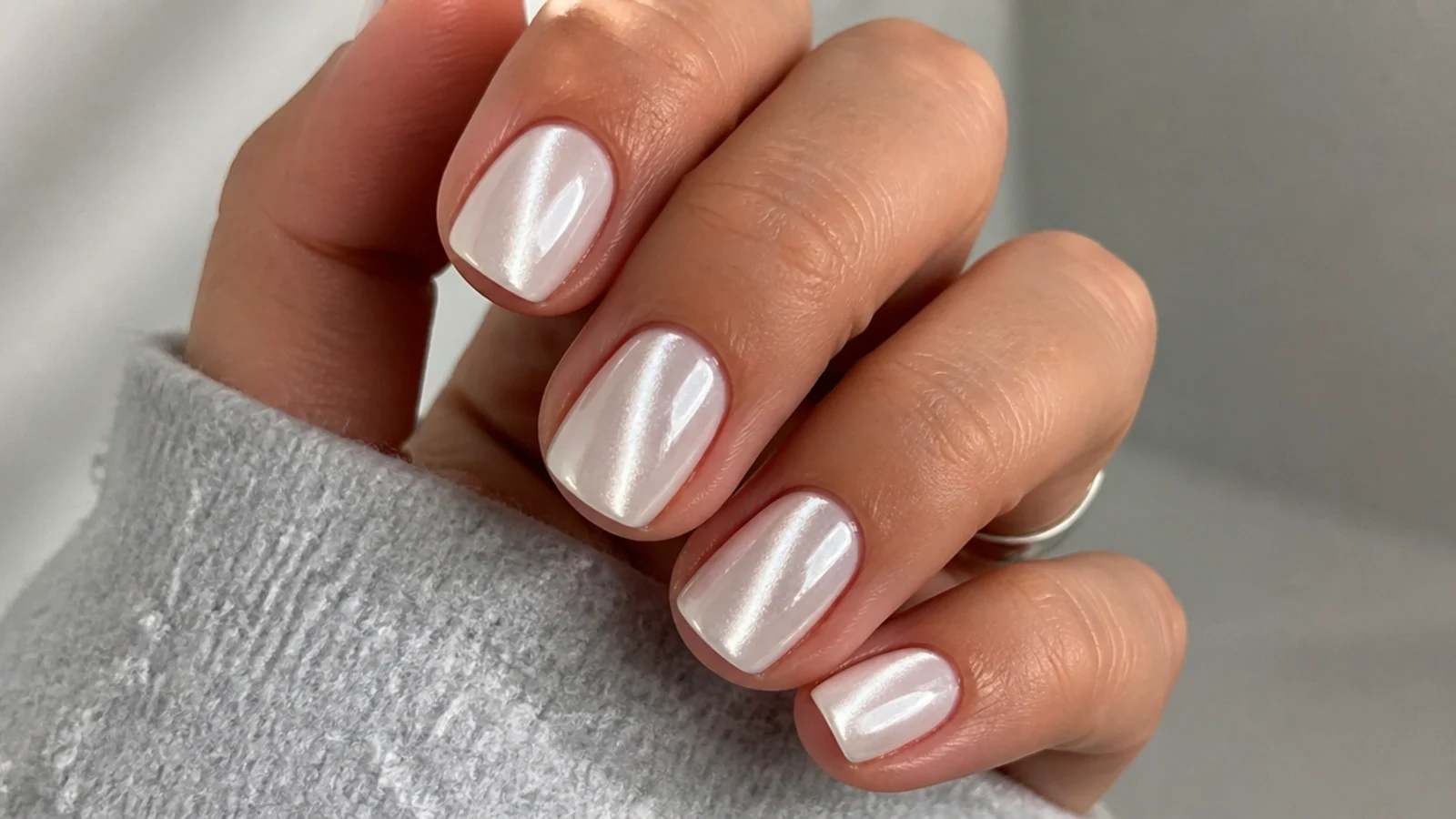 Short white chrome nails with a soft pearl cat-eye light strip