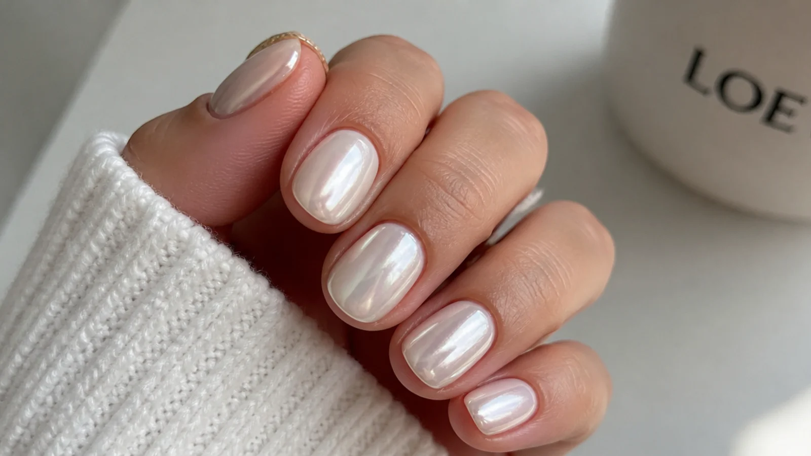 Short white chrome nails with a glassy pearl glazed-donut glow on a round shape