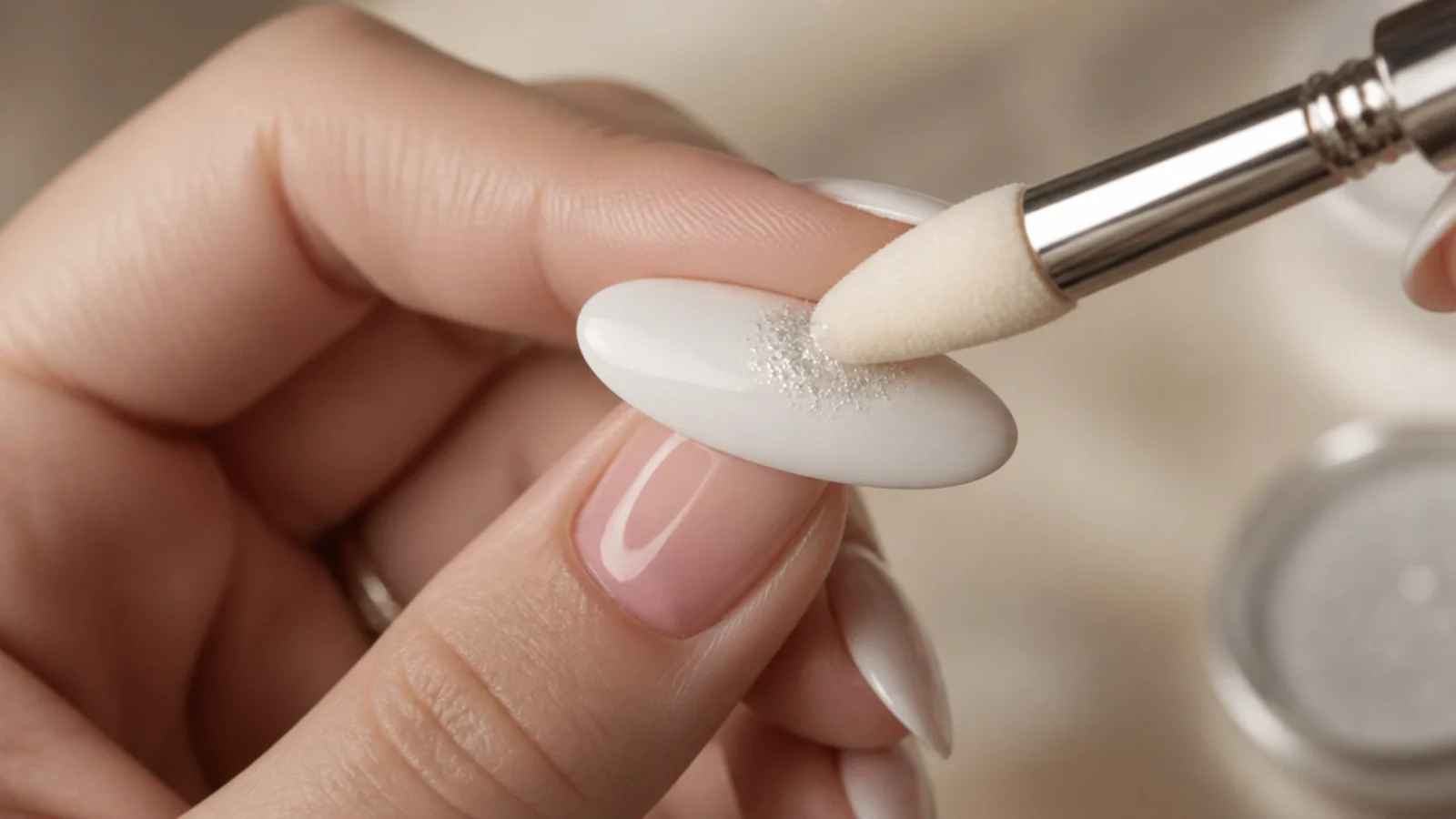 Chrome powder being buffed over a glossy white gel nail with a silicone applicator