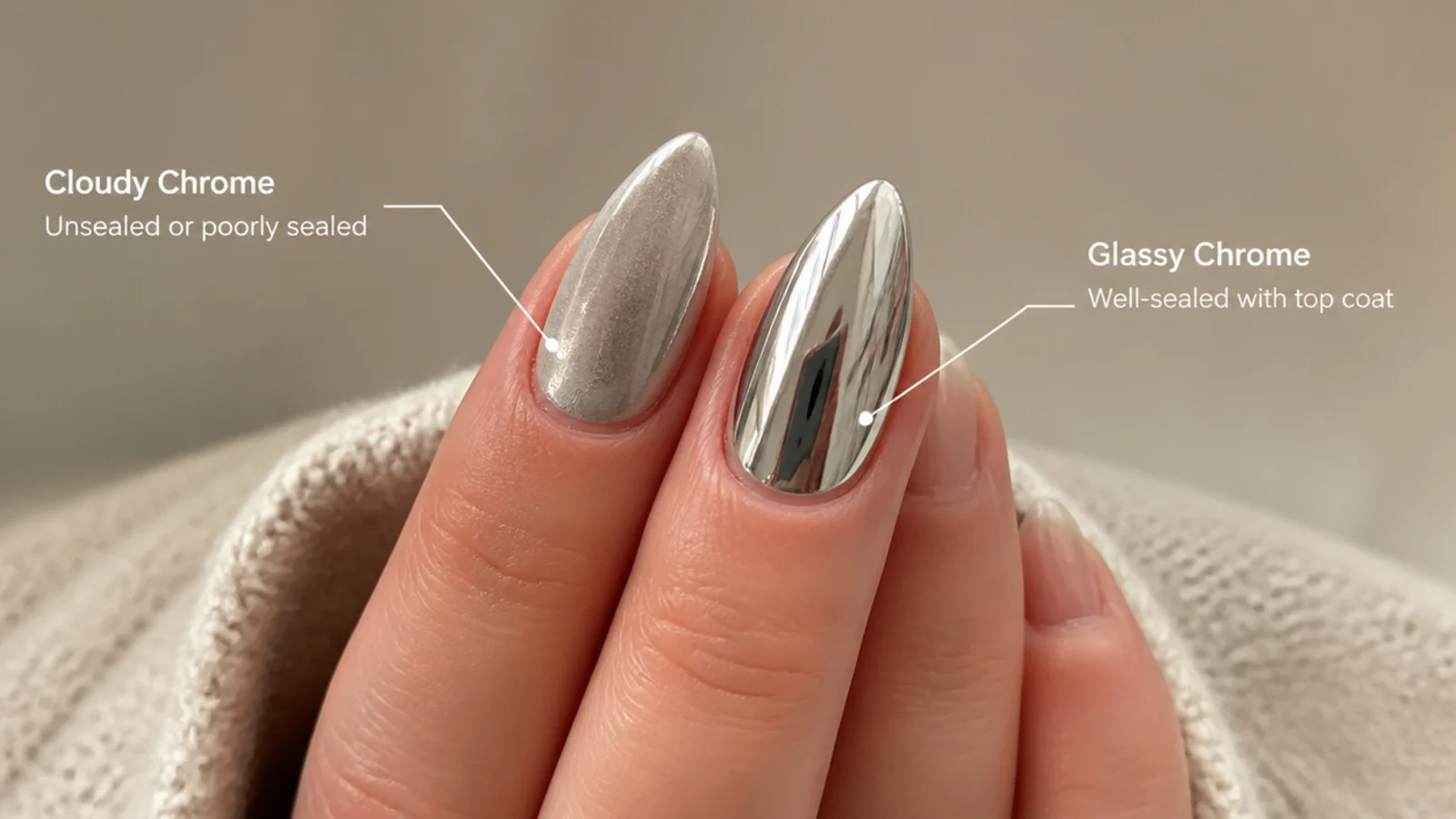 A dull cloudy chrome nail beside a glassy well-sealed chrome nail for comparison
