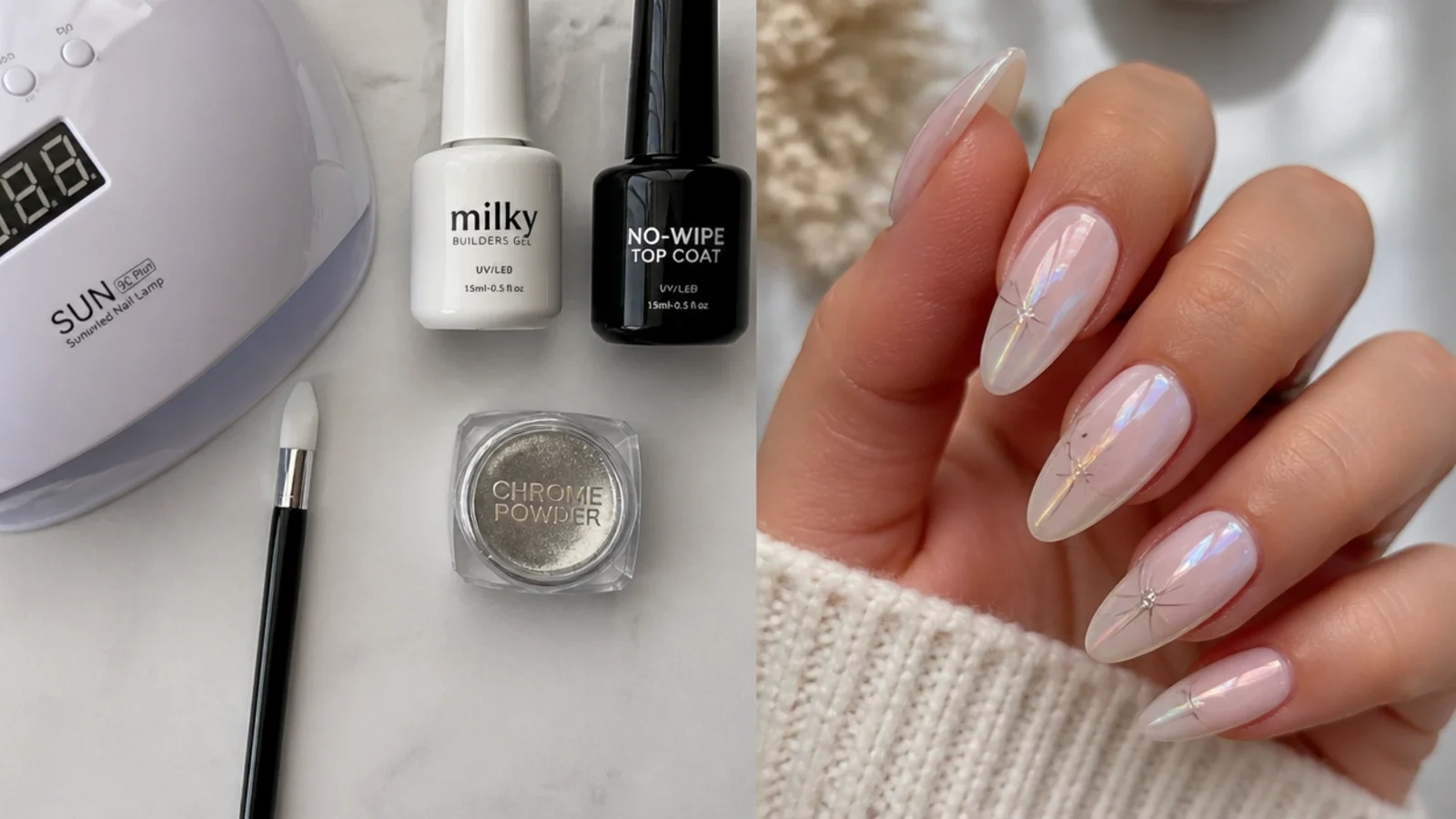 Flat lay of milky gel, chrome powder, silicone applicator, lamp and no-wipe top coat