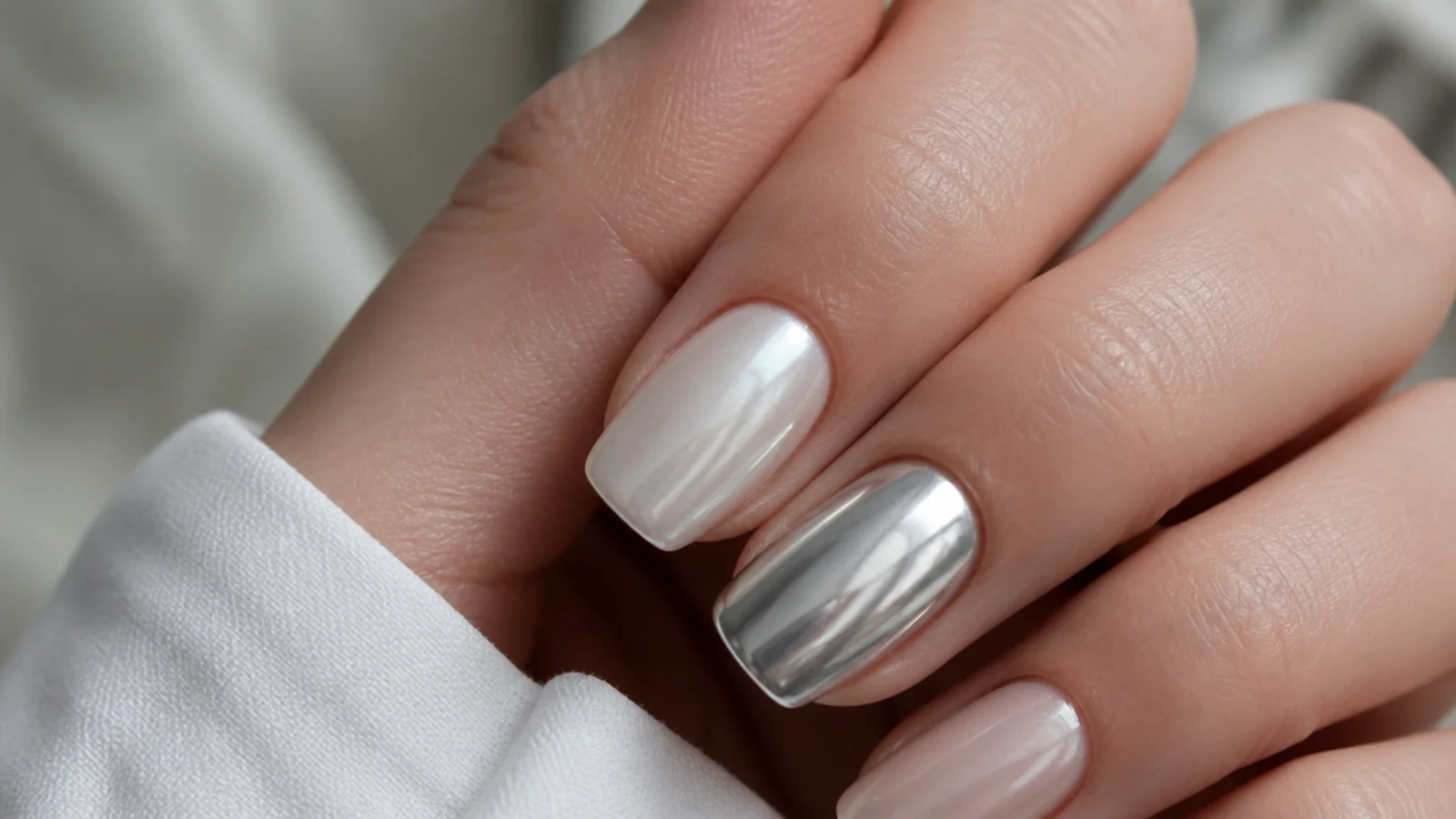Soft pearl white chrome nail beside a bright mirror silver chrome nail