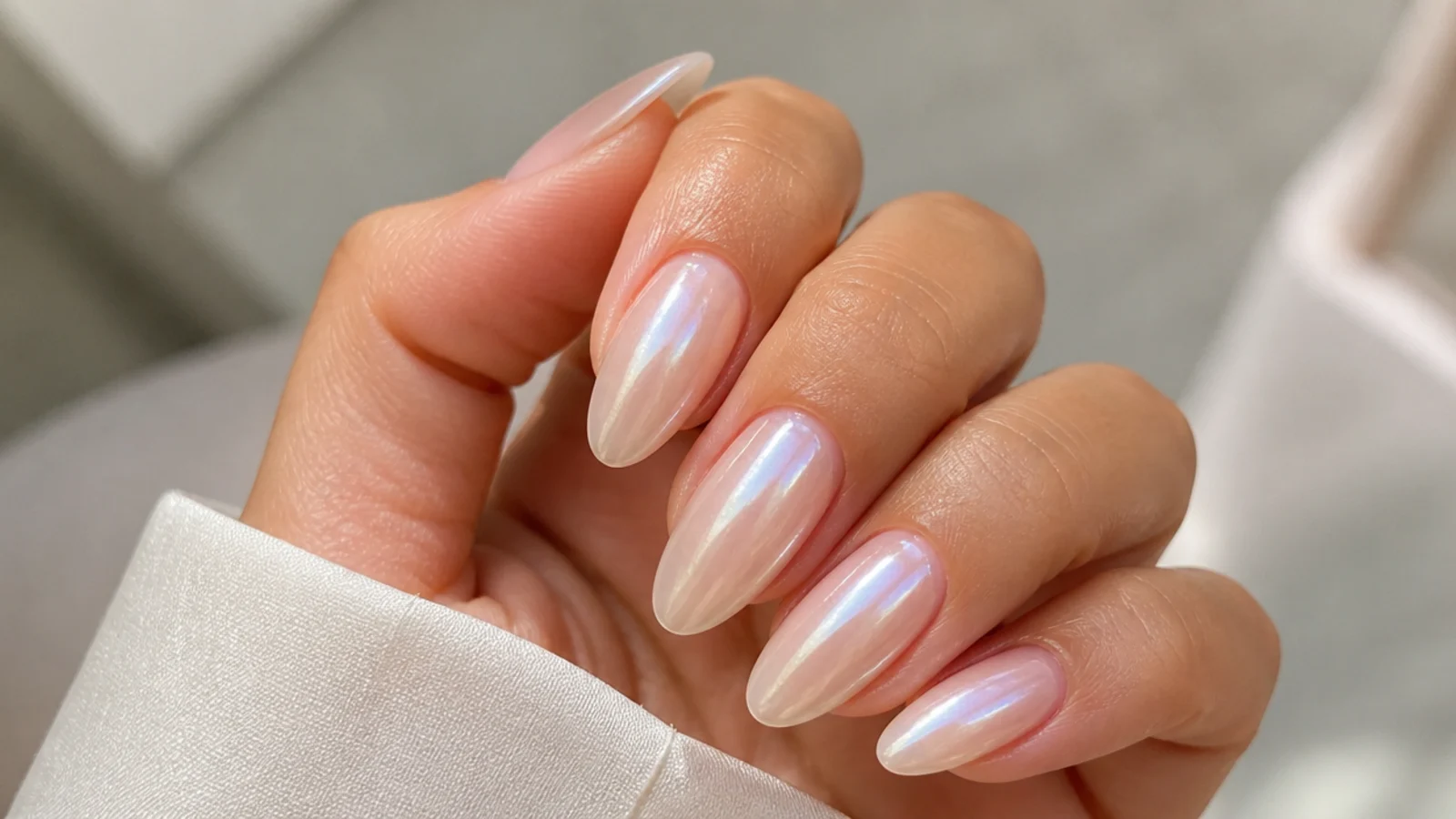 Sheer milky almond nails with a pearl glazed-donut chrome glow