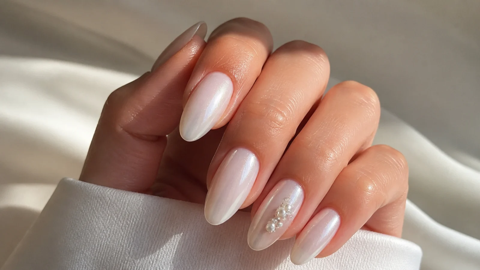 Elegant white chrome almond bridal nails with a pearl glow